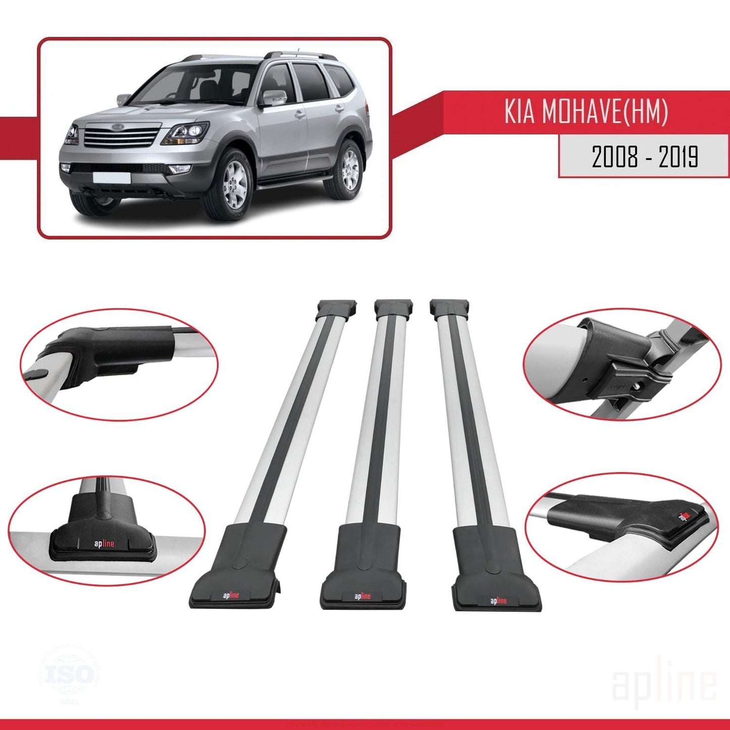Compatible avec Kia Mohave (HM) 2008-2019 FLY Model Barres de Toit Railing Porte-Bagages de Voiture Gris Aluminium 3 Barres
