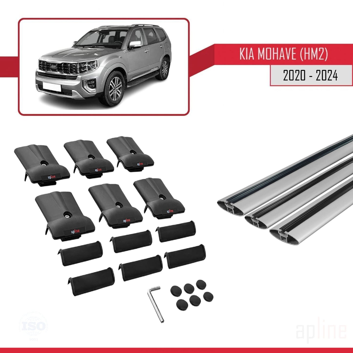 Compatible avec Kia Mohave 2 (HM2) 2020-2024 FLY Model Barres de Toit Railing Porte-Bagages de Voiture Gris Aluminium 3 Barres