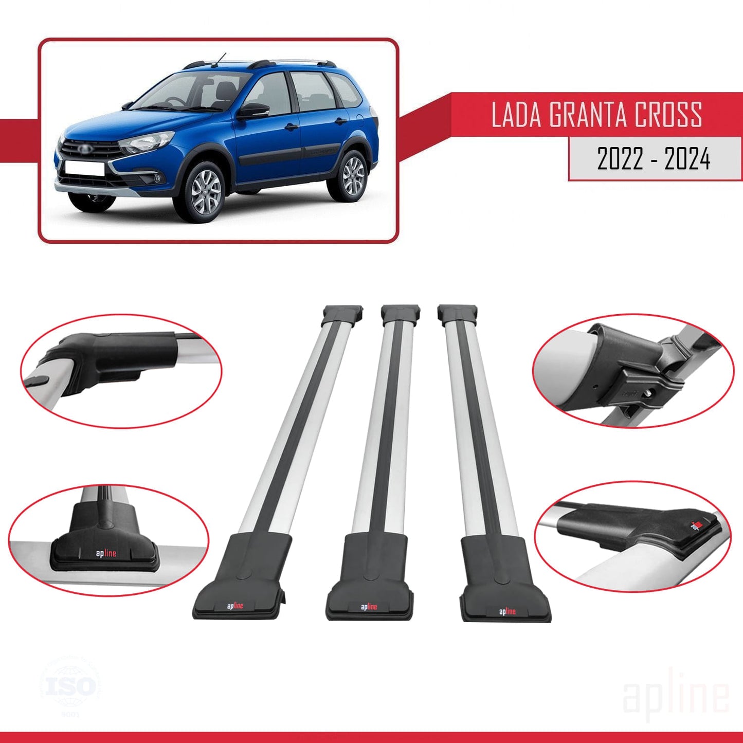 Compatible with Lada Granta Cross 2022-2024 FLY Model Car Roof Rack Cross Bar Grey Aluminium 3 Bars