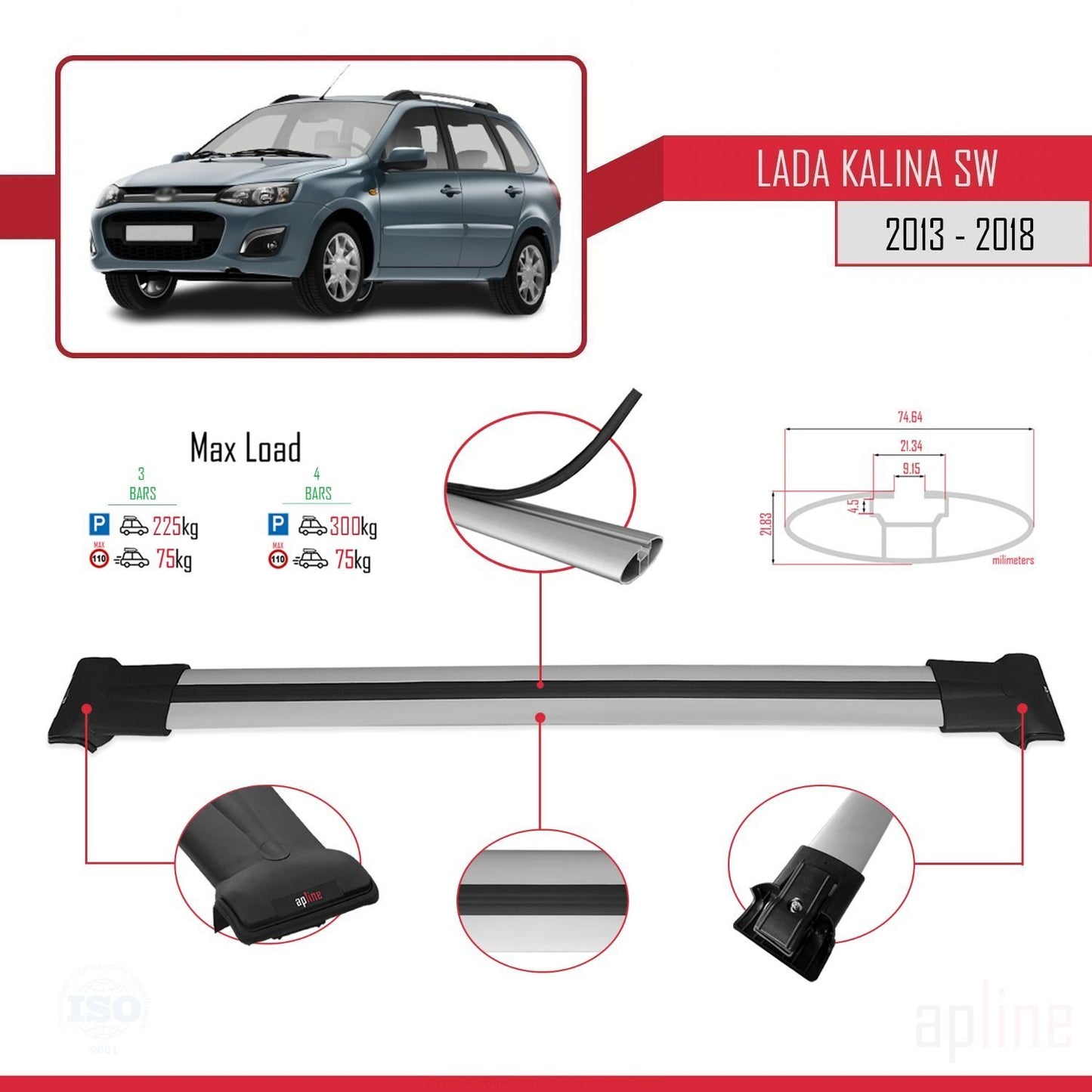 Compatible with Lada Kalina 2 SW 2013-2018 FLY Model Car Roof Rack Cross Bar Grey Aluminium 3 Bars