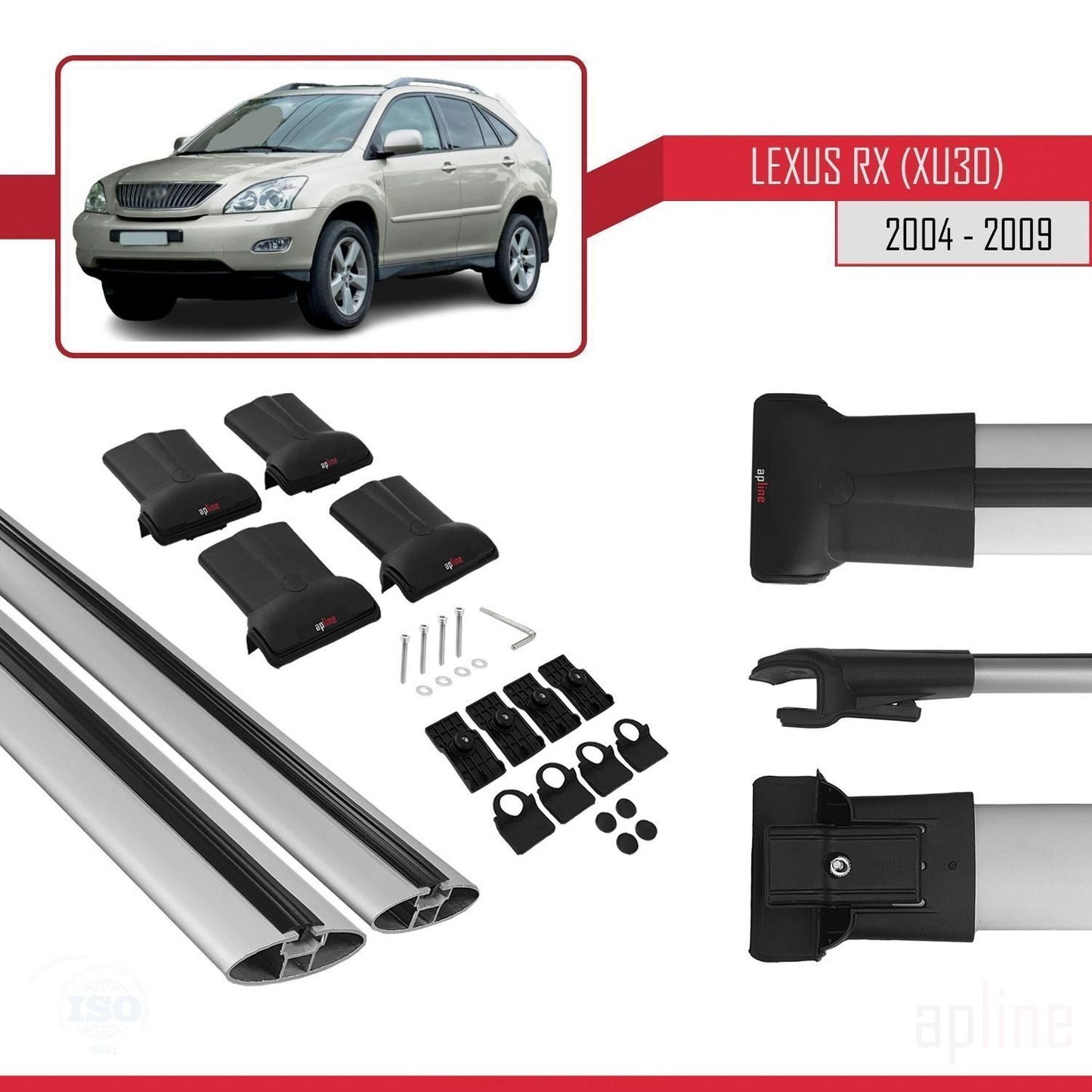 Compatible avec Lexus RX 2 (XU30) 2004-2009 FLY Model Barres de Toit Railing Porte-Bagages de Voiture Gris Aluminium 2 Barres