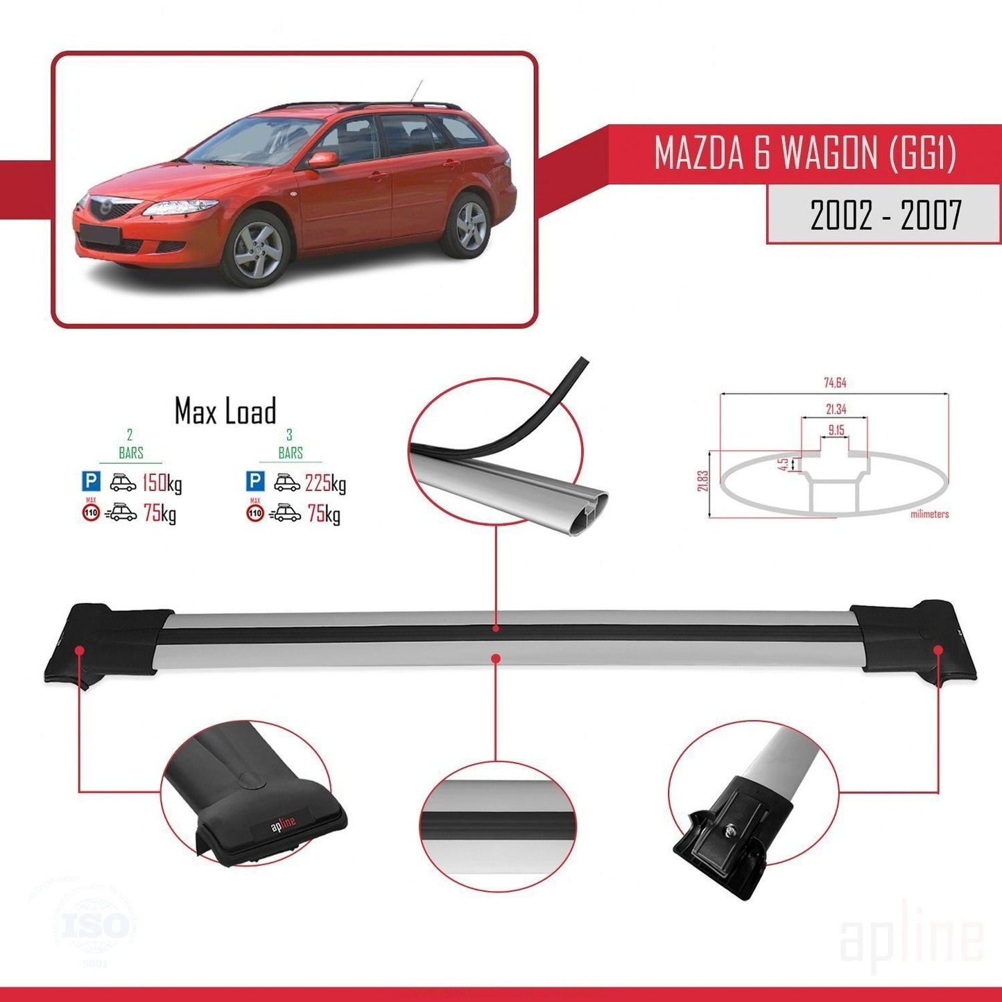 Compatible avec Mazda 6 I (GG1) 2002-2007 FLY Model Barres de Toit Railing Porte-Bagages de Voiture Gris Aluminium 2 Barres