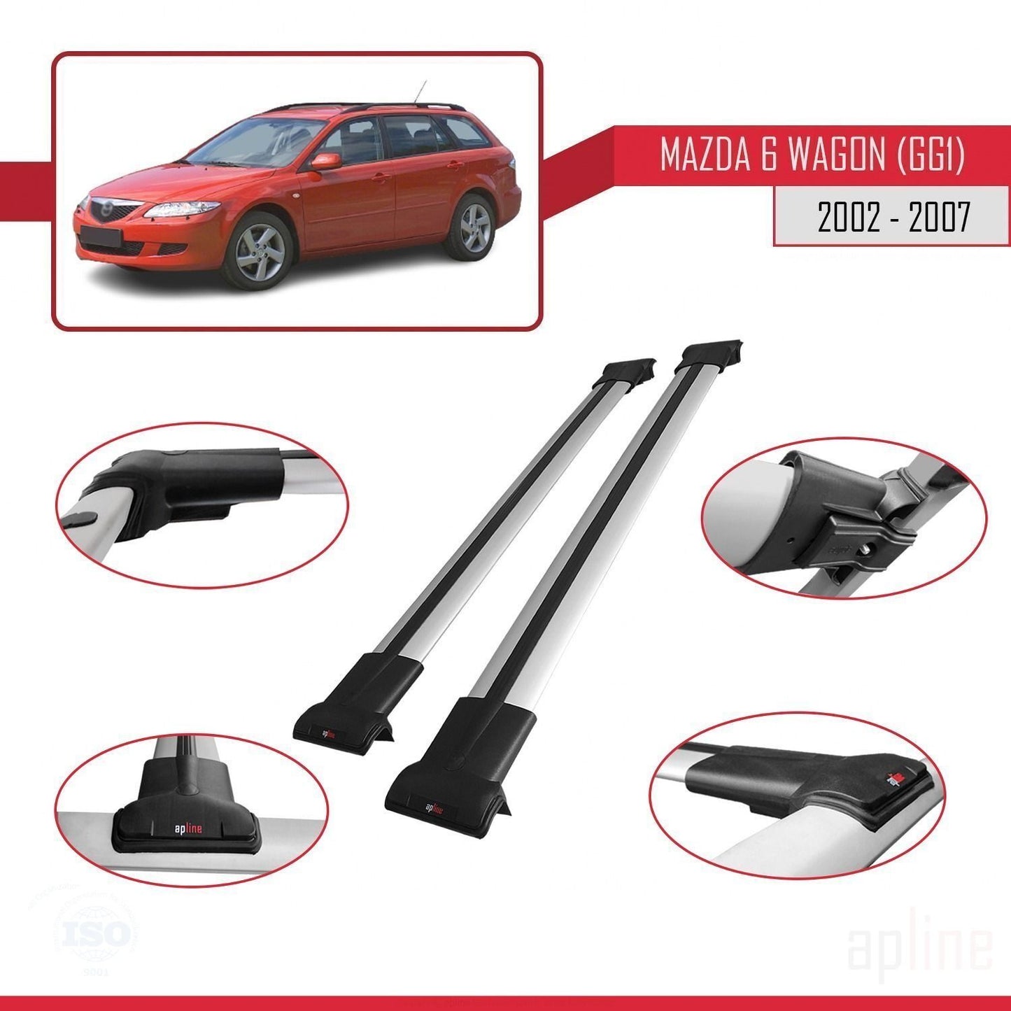 Compatible avec Mazda 6 I (GG1) 2002-2007 FLY Model Barres de Toit Railing Porte-Bagages de Voiture Gris Aluminium 2 Barres