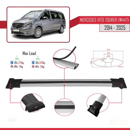 Compatible avec Mercedes Vito Tourer (W447) 2014-2025 FLY Model Barres de Toit Railing Porte-Bagages de Voiture Gris Aluminium 3 Barres