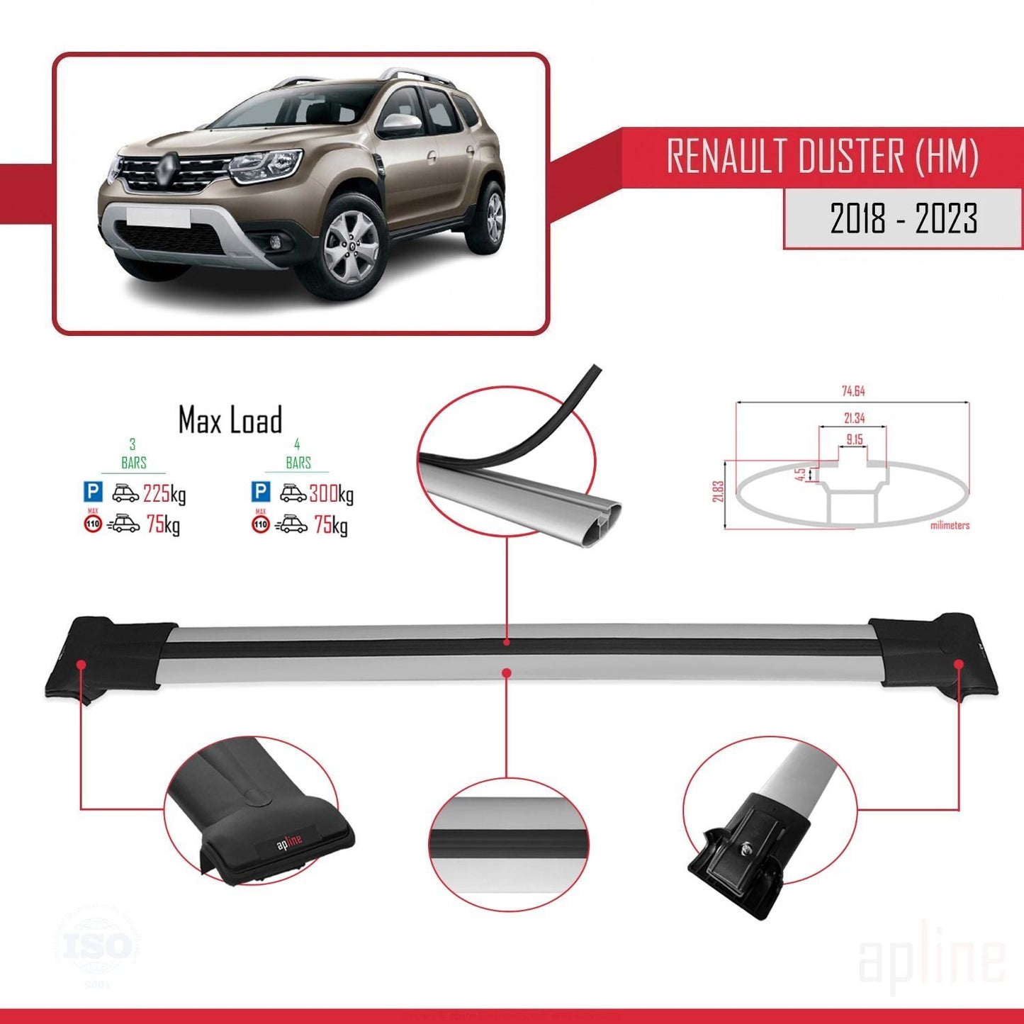 Compatible with Renault Duster 2 (HM) 2018-2024 FLY Model Car Roof Rack Cross Bar Grey Aluminium 3 Bars