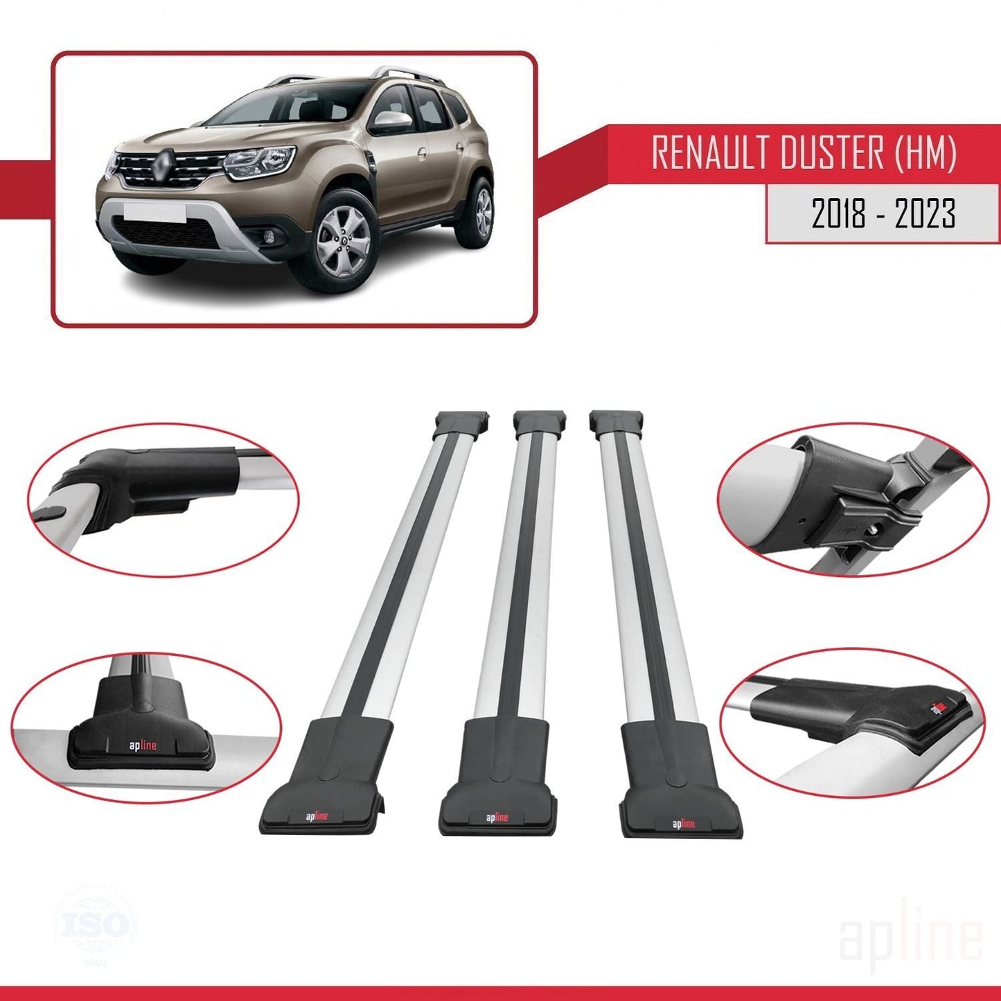 Compatible with Renault Duster 2 (HM) 2018-2024 FLY Model Car Roof Rack Cross Bar Grey Aluminium 3 Bars