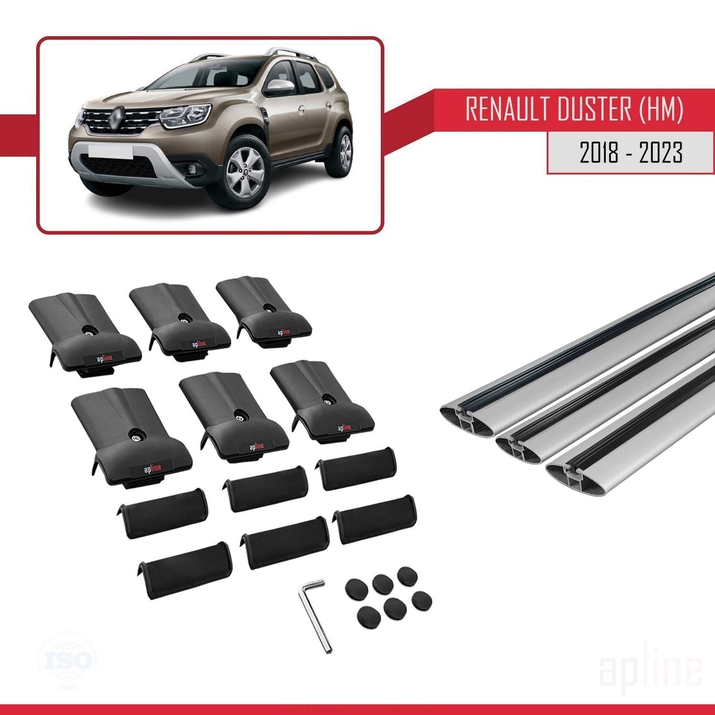 Compatible with Renault Duster 2 (HM) 2018-2024 FLY Model Car Roof Rack Cross Bar Grey Aluminium 3 Bars