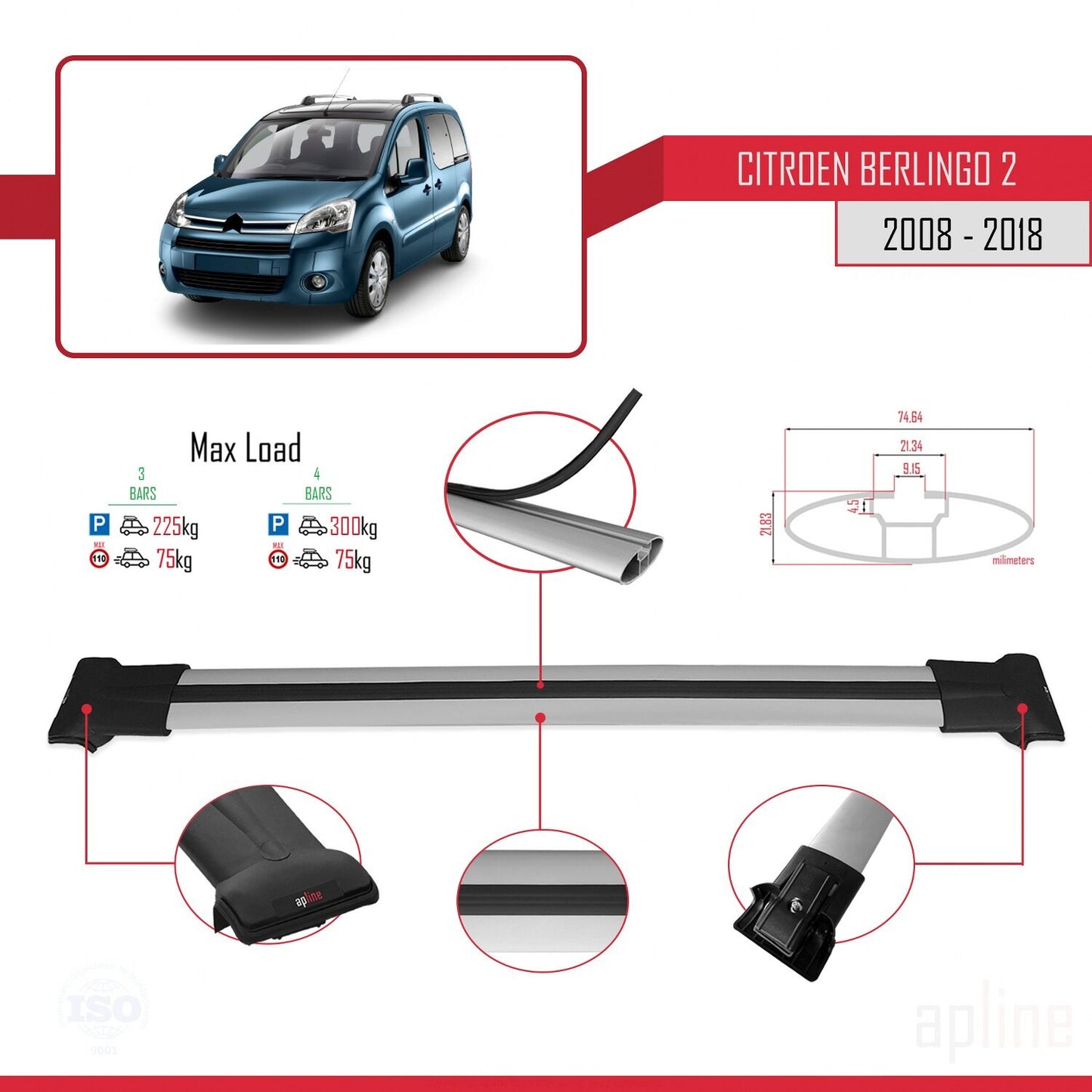 Compatible avec Citroen Berlingo 2 (B9) 2008-2018 FLY Model Barres de Toit Railing Porte-Bagages de Voiture Gris Aluminium 3 Barres