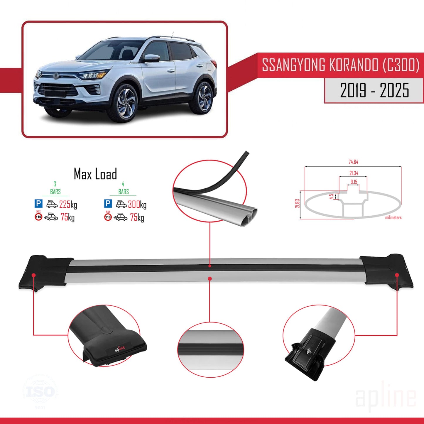 Compatible avec Ssangyong Korando 4 (C300) 2019-2025 FLY Model Barres de Toit Railing Porte-Bagages de Voiture Gris Aluminium 3 Barres