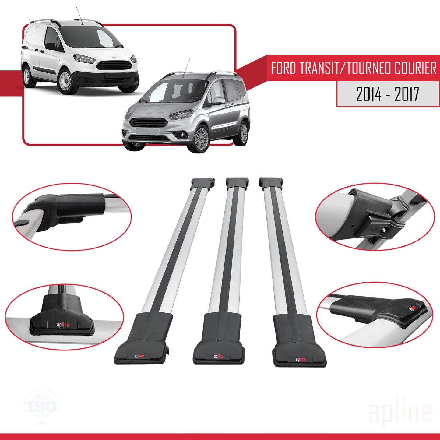 Compatible avec Ford Transit/Tourneo Courier Pre-Facelift 2014-2017 FLY Model Barres de Toit Railing Porte-Bagages de Voiture Gris Aluminium 3 Barres