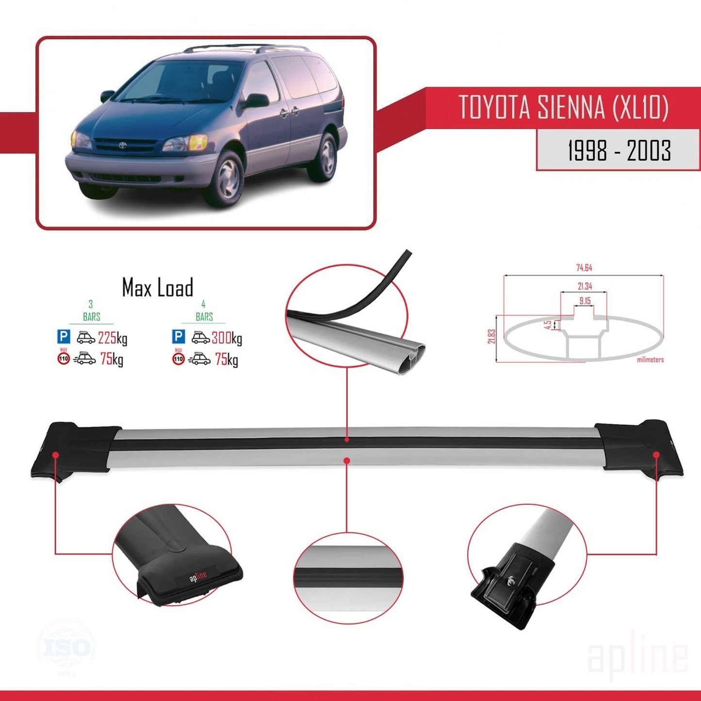 Compatible with Toyota Sienna (XL10) 1998-2003 FLY Model Car Roof Rack Cross Bar Grey Aluminium 3 Bars