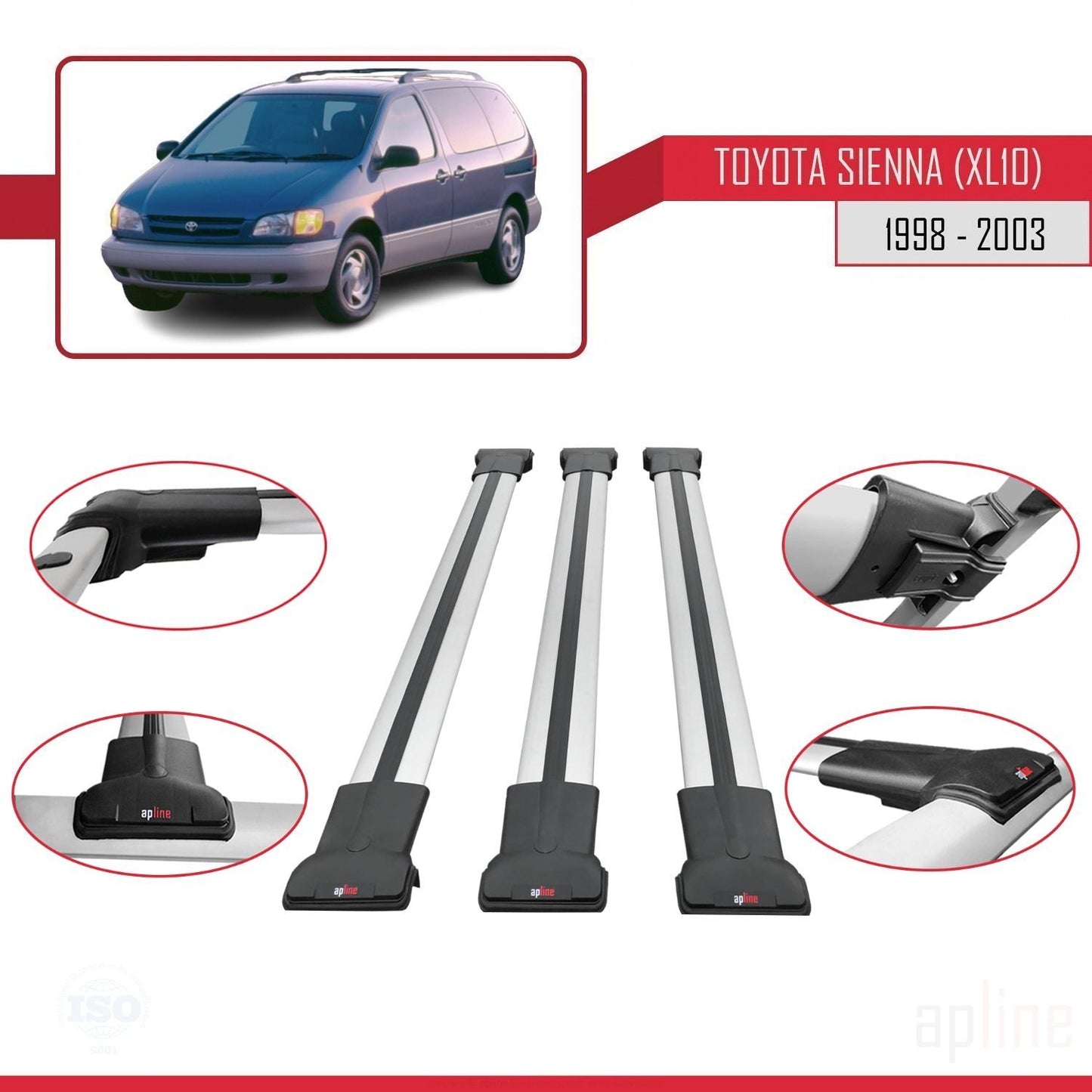 Compatible with Toyota Sienna (XL10) 1998-2003 FLY Model Car Roof Rack Cross Bar Grey Aluminium 3 Bars