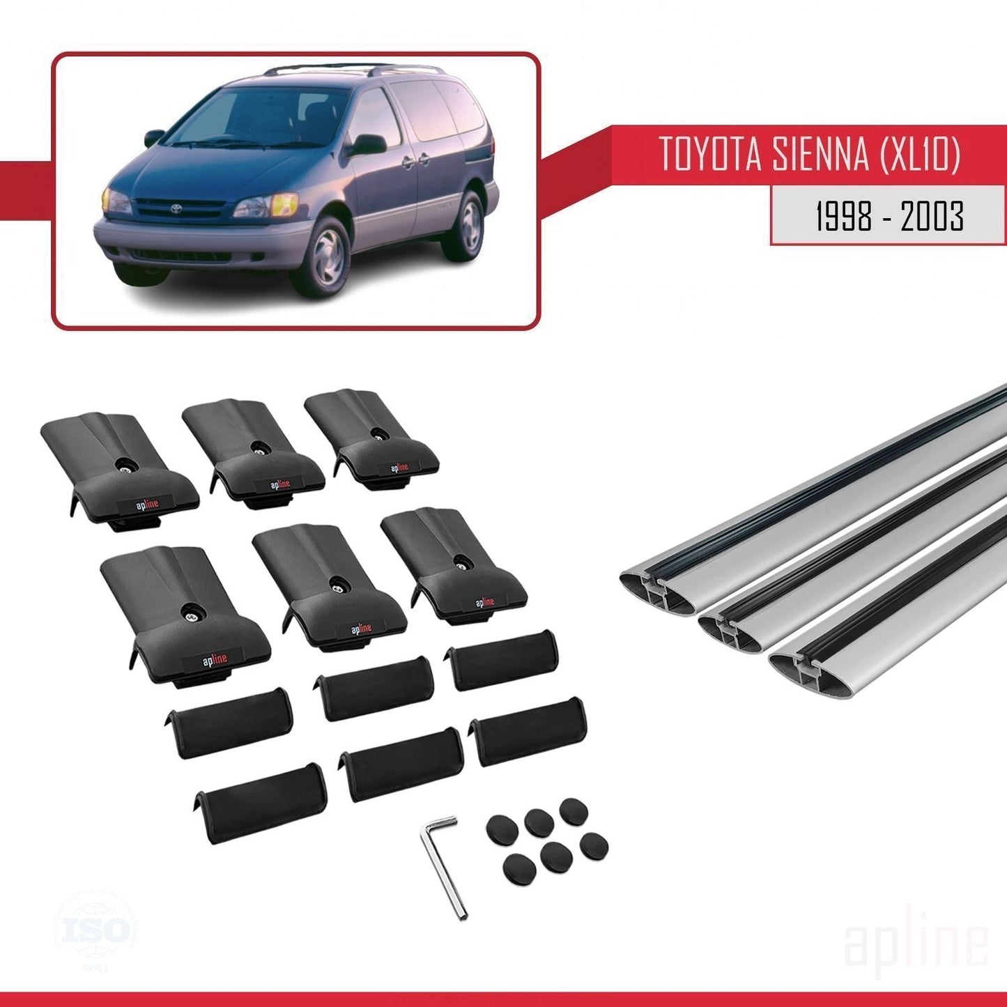 Compatible with Toyota Sienna (XL10) 1998-2003 FLY Model Car Roof Rack Cross Bar Grey Aluminium 3 Bars