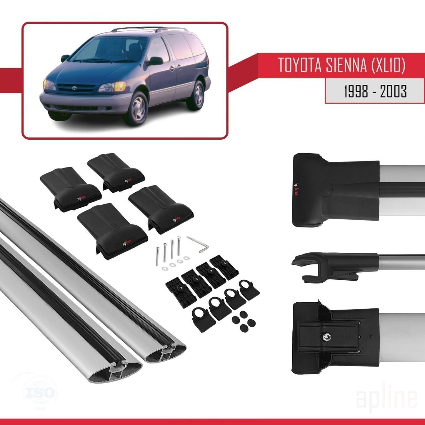 Compatible avec Toyota Sienna (XL10) 1998-2003 FLY Model Barres de Toit Railing Porte-Bagages de Voiture Gris Aluminium 2 Barres