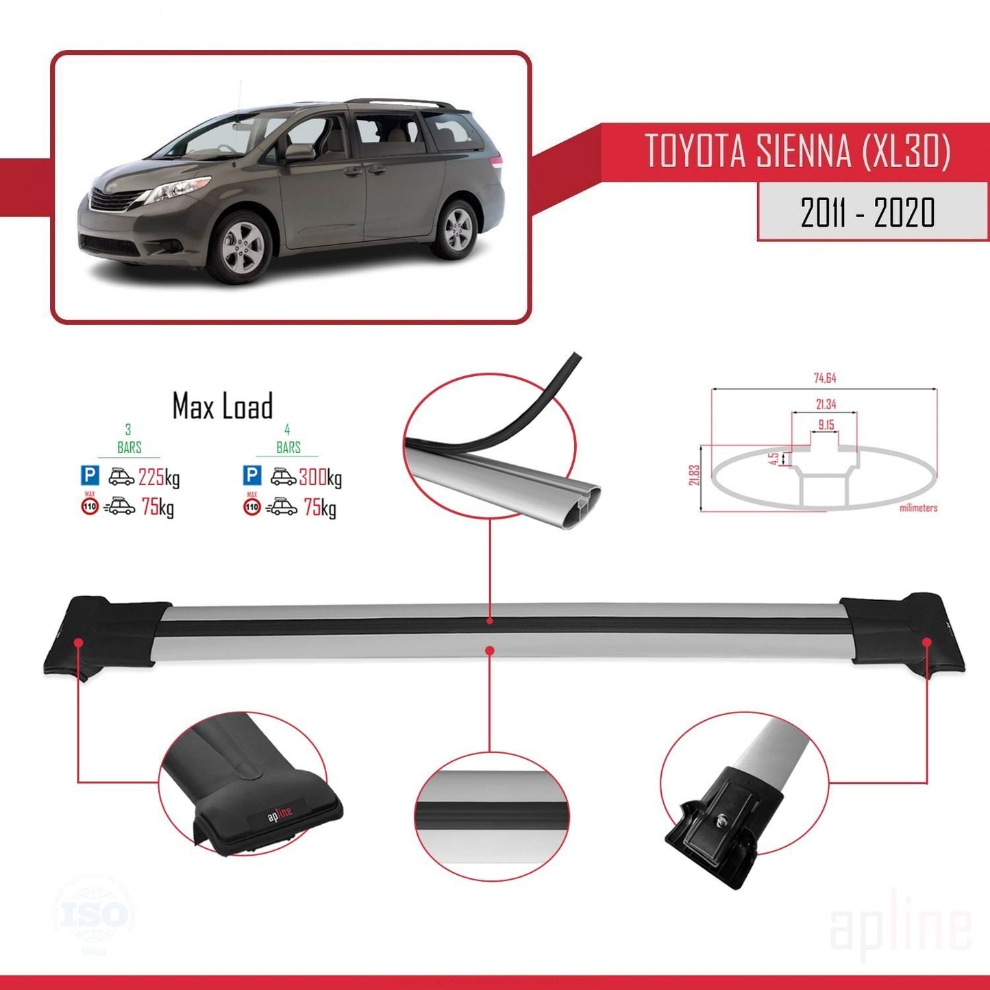 Compatible avec Toyota Sienna 3 (XL30) 2011-2020 FLY Model Barres de Toit Railing Porte-Bagages de Voiture Gris Aluminium 3 Barres