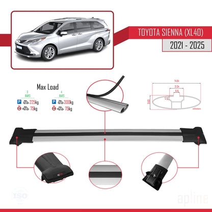 Compatible avec Toyota Sienna 4 (XL40) 2021-2025 FLY Model Barres de Toit Railing Porte-Bagages de Voiture Gris Aluminium 3 Barres