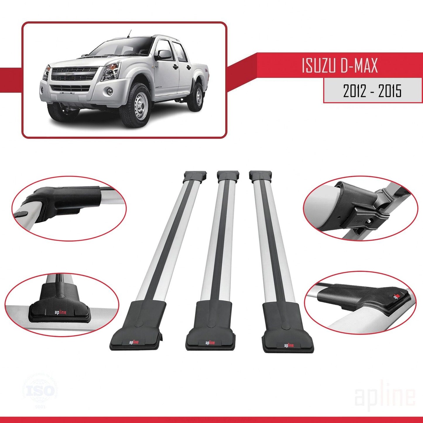 Compatible avec Isuzu D-Max 2 (RT50) Pre-Facelift 2012-2015 FLY Model Barres de Toit Railing Porte-Bagages de Voiture Gris Aluminium 3 Barres