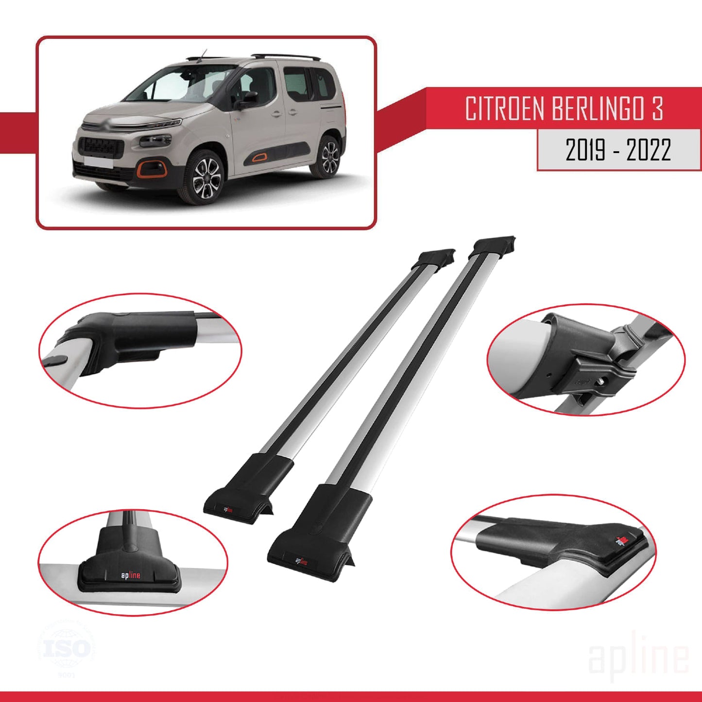 Compatible avec Citroen Berlingo 3 (K9) 2019-2022 FLY Model Barres de Toit Railing Porte-Bagages de Voiture Gris Aluminium 2 Barres