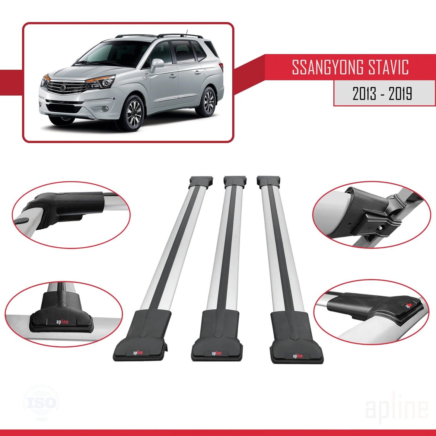 Compatible avec Ssangyong Stavic 2 2013-2019 FLY Model Barres de Toit Railing Porte-Bagages de Voiture Gris Aluminium 3 Barres