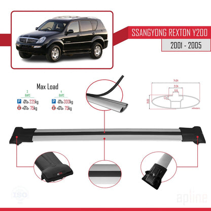 Compatible avec Ssangyong Rexton (Y200) 2001-2005 FLY Model Barres de Toit Railing Porte-Bagages de Voiture Gris Aluminium 3 Barres