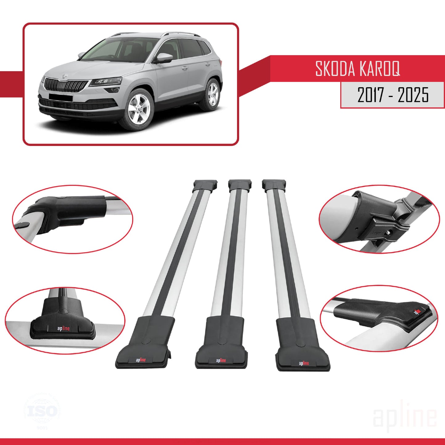 Compatible avec Skoda Karoq 2017-2025 FLY Model Barres de Toit Railing Porte-Bagages de Voiture Gris Aluminium 3 Barres