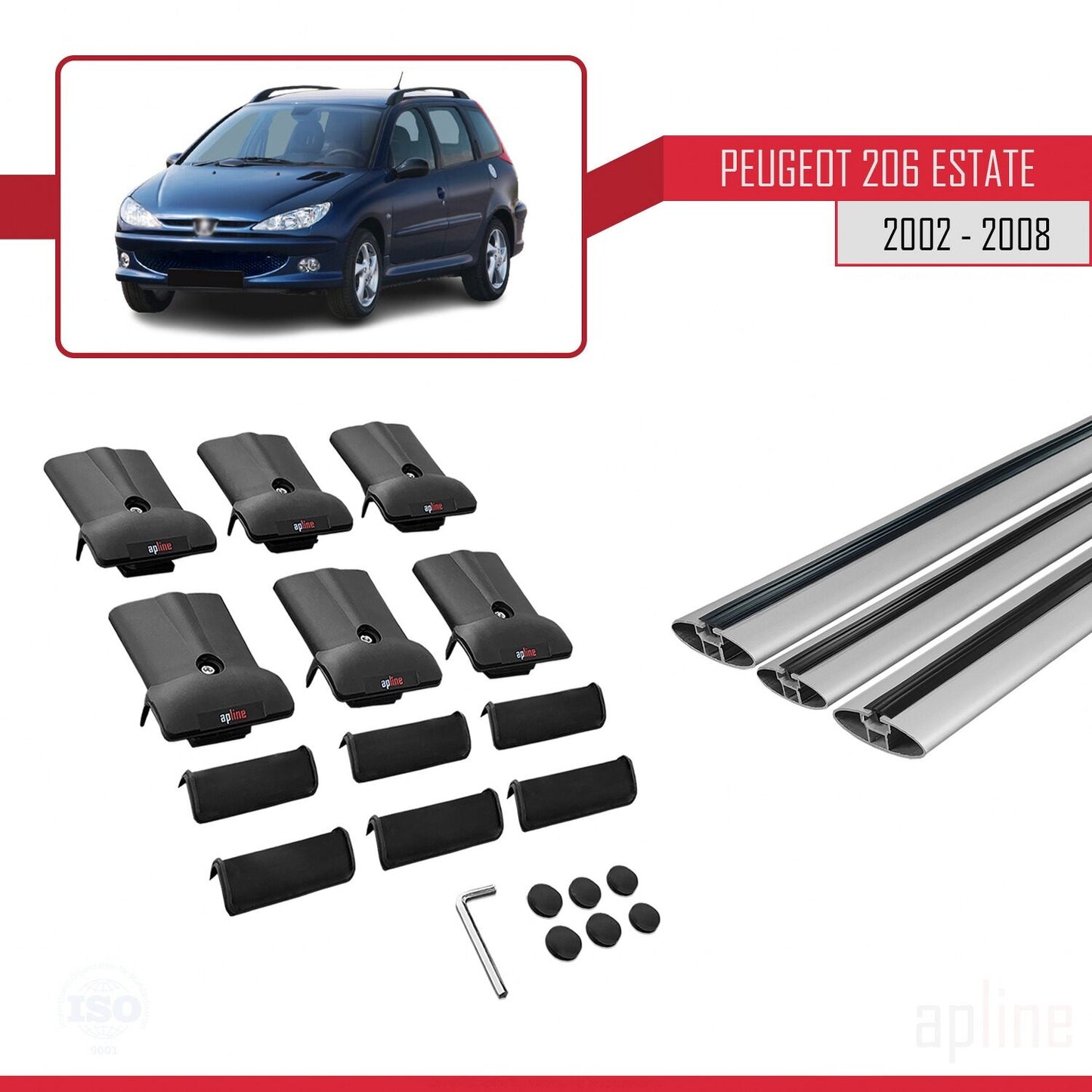 Compatible avec Peugeot 206 Break 2002-2008 FLY Model Barres de Toit Railing Porte-Bagages de Voiture Gris Aluminium 3 Barres