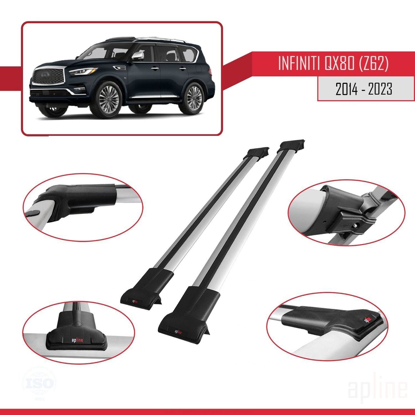 Compatible avec Infiniti QX80 (Z62) 2014-2023 FLY Model Barres de Toit Railing Porte-Bagages de Voiture Gris Aluminium 2 Barres