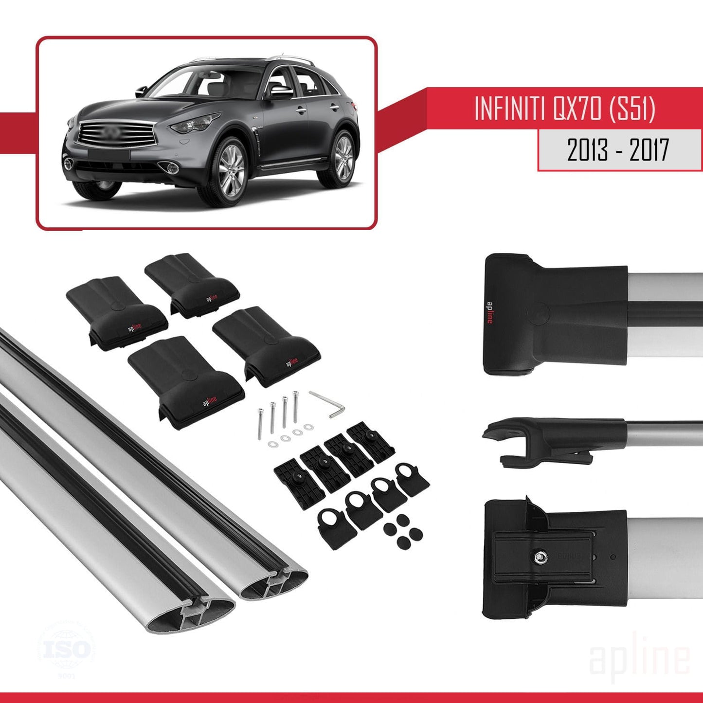 Compatible avec Infiniti QX70 (S51) 2013-2017 FLY Model Barres de Toit Railing Porte-Bagages de Voiture Gris Aluminium 2 Barres