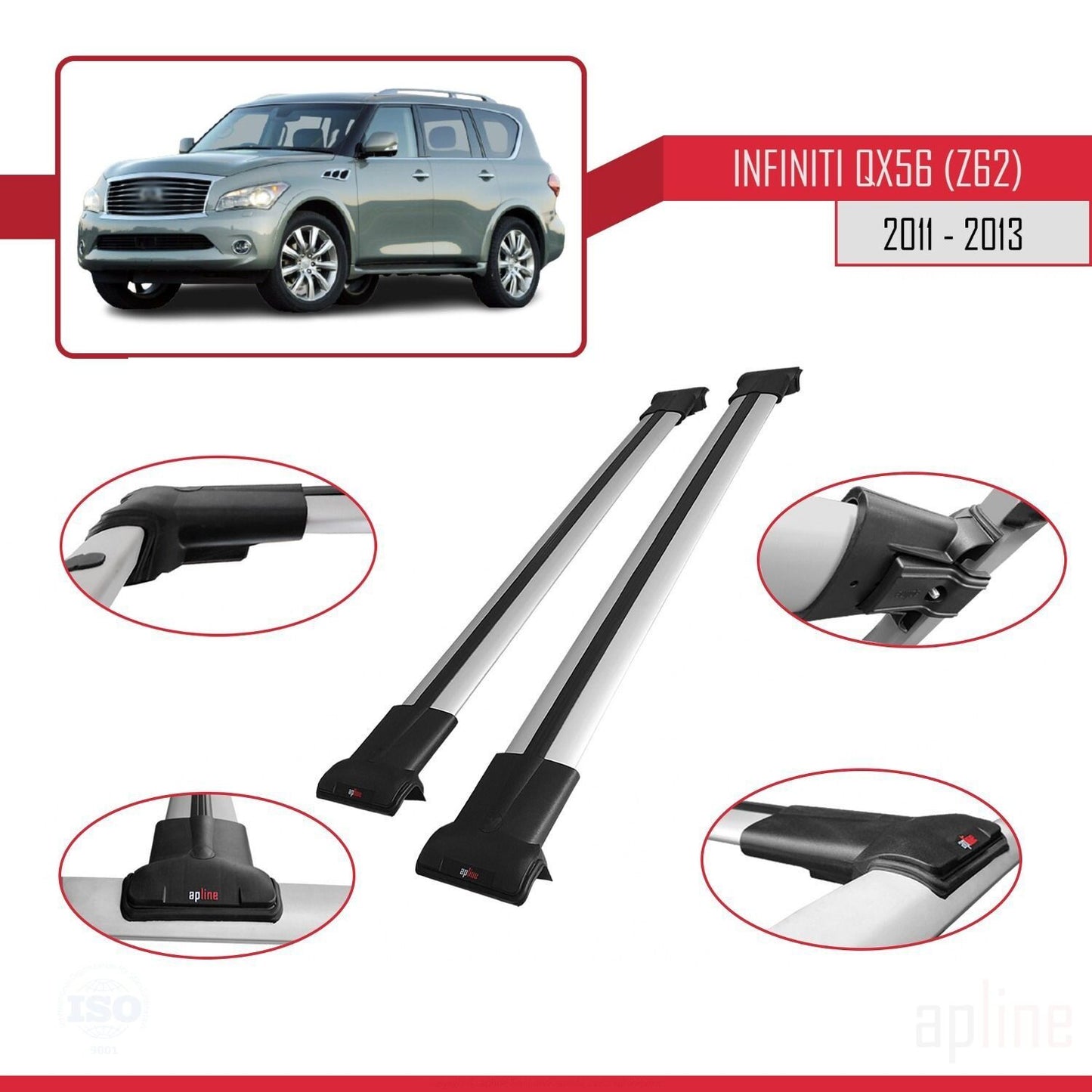 Compatible avec IInfiniti QX56 (Z62) 2011-2013 FLY Model Barres de Toit Railing Porte-Bagages de Voiture Gris Aluminium 2 Barres