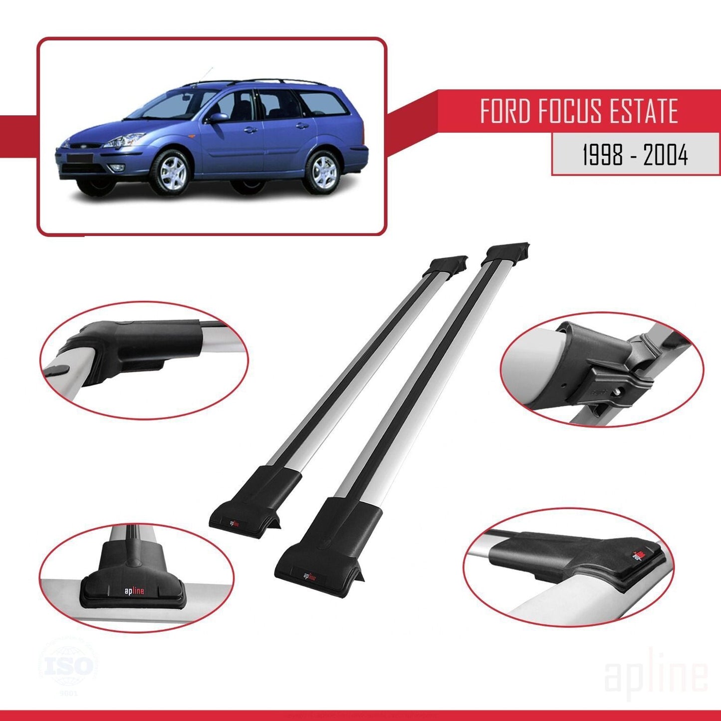 Compatible avec Ford Focus (C170) Break 1998-2004 FLY Model Barres de Toit Railing Porte-Bagages de Voiture Gris Aluminium 2 Barres