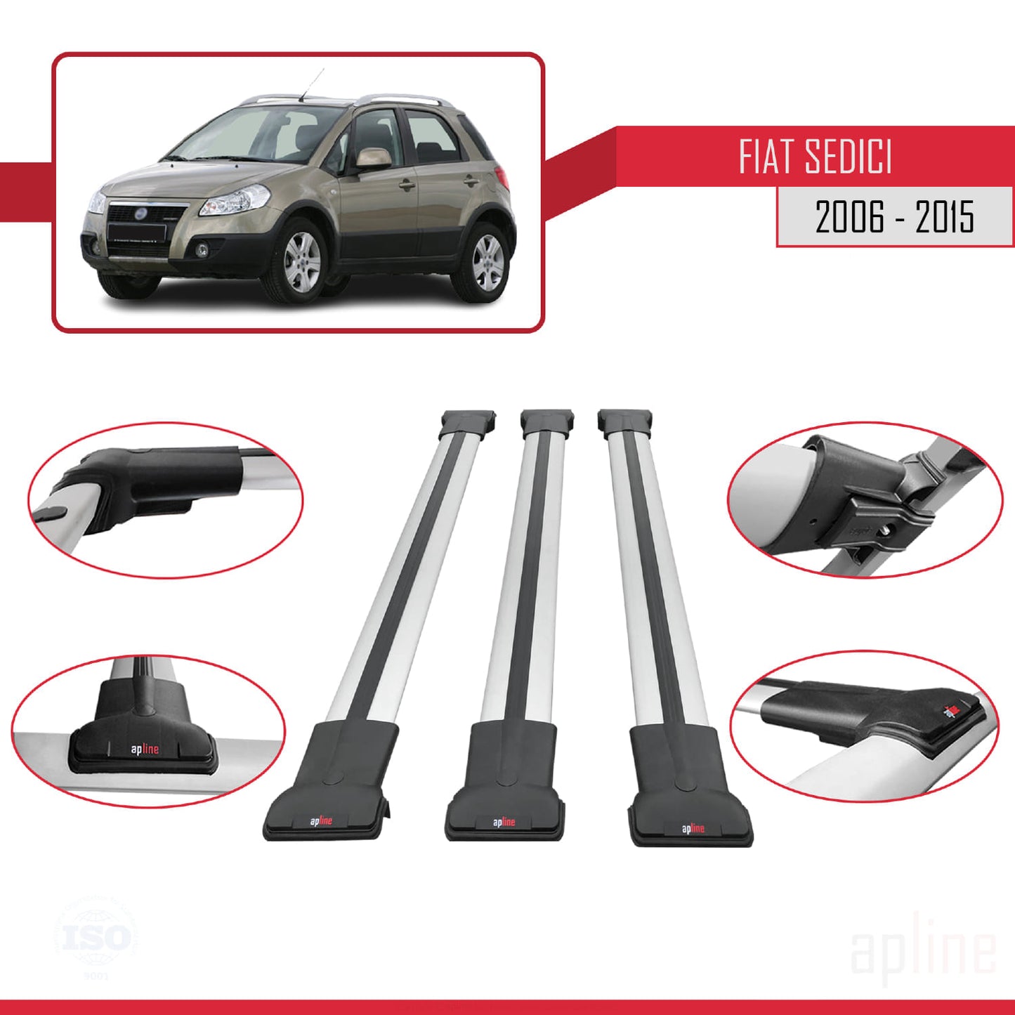Compatible avec Fiat Sedici 2006-2015 FLY Model Barres de Toit Railing Porte-Bagages de Voiture Gris Aluminium 3 Barres