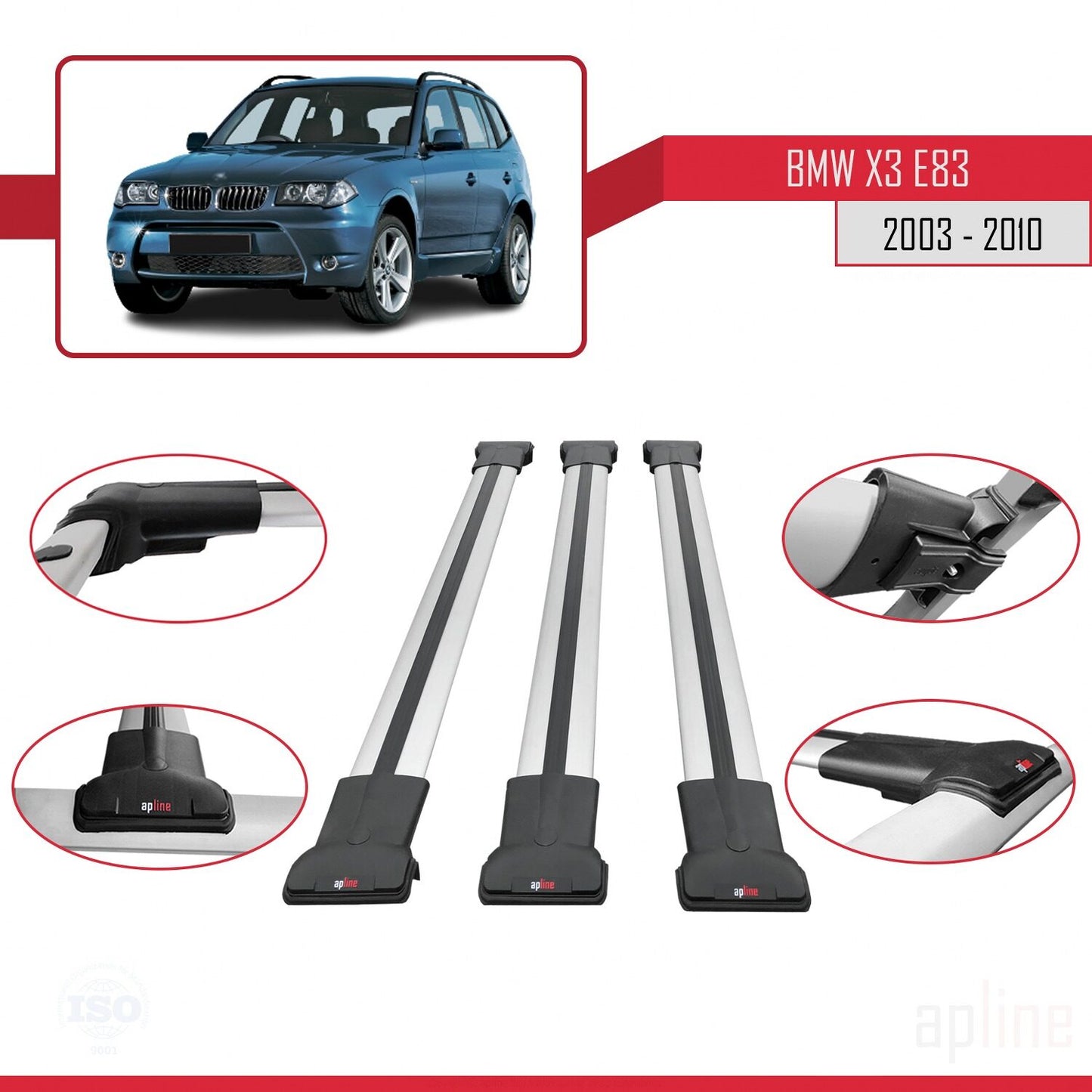 Compatible avec BMW X3 (E83) 2003-2010 FLY Model Barres de Toit Railing Porte-Bagages de Voiture Gris Aluminium 3 Barres
