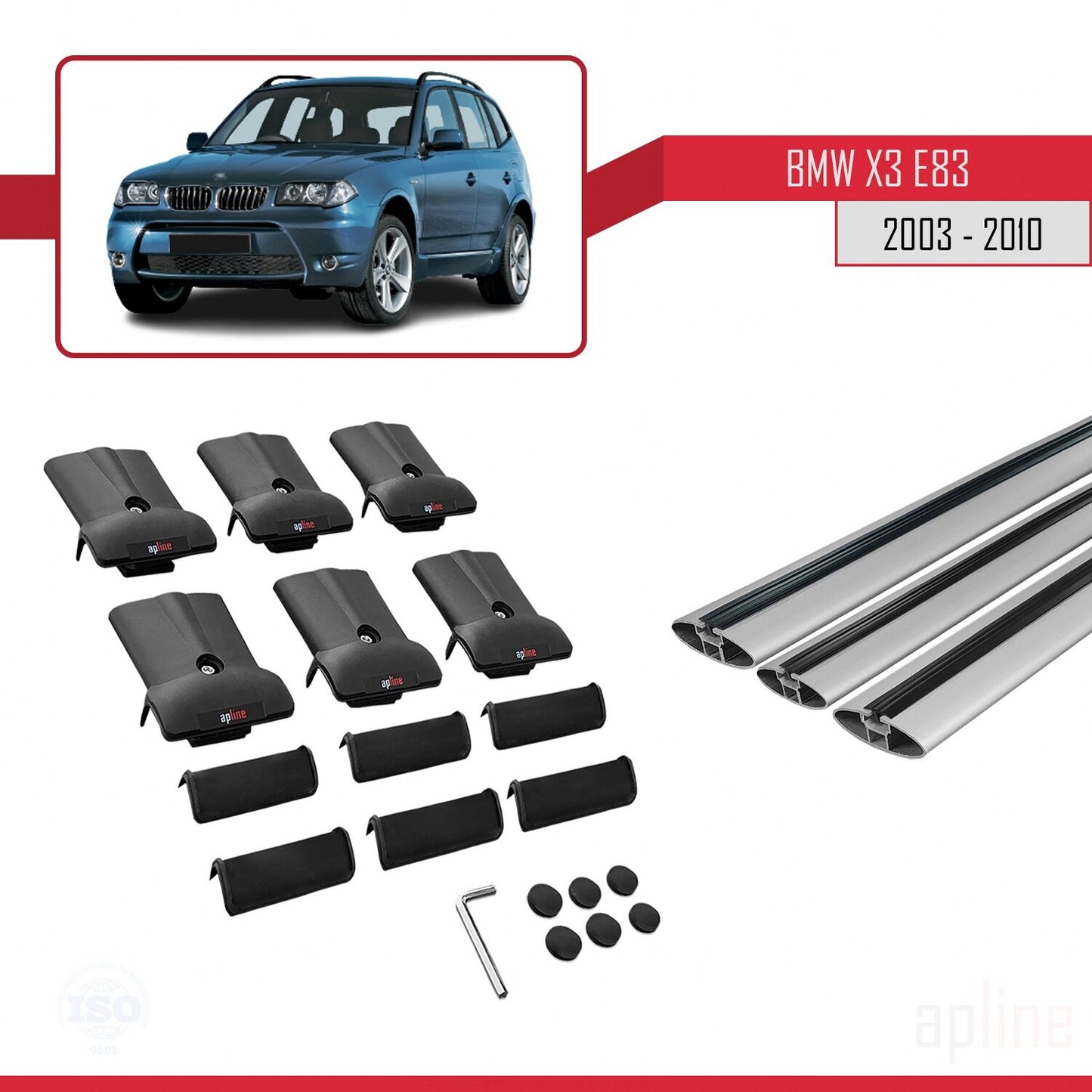 Compatible avec BMW X3 (E83) 2003-2010 FLY Model Barres de Toit Railing Porte-Bagages de Voiture Gris Aluminium 3 Barres