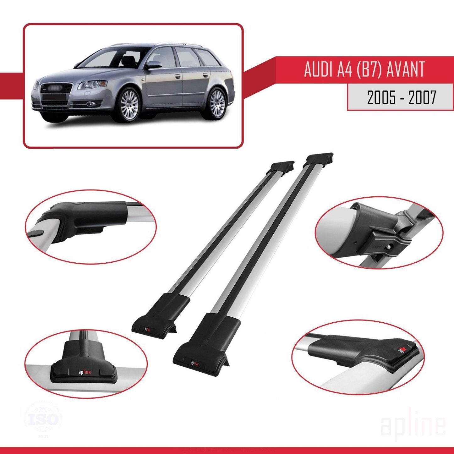 Compatible avec A4 (B7) Avant 2005-2007 FLY Model Barres de Toit Railing Porte-Bagages de Voiture Gris Aluminium 2 Barres