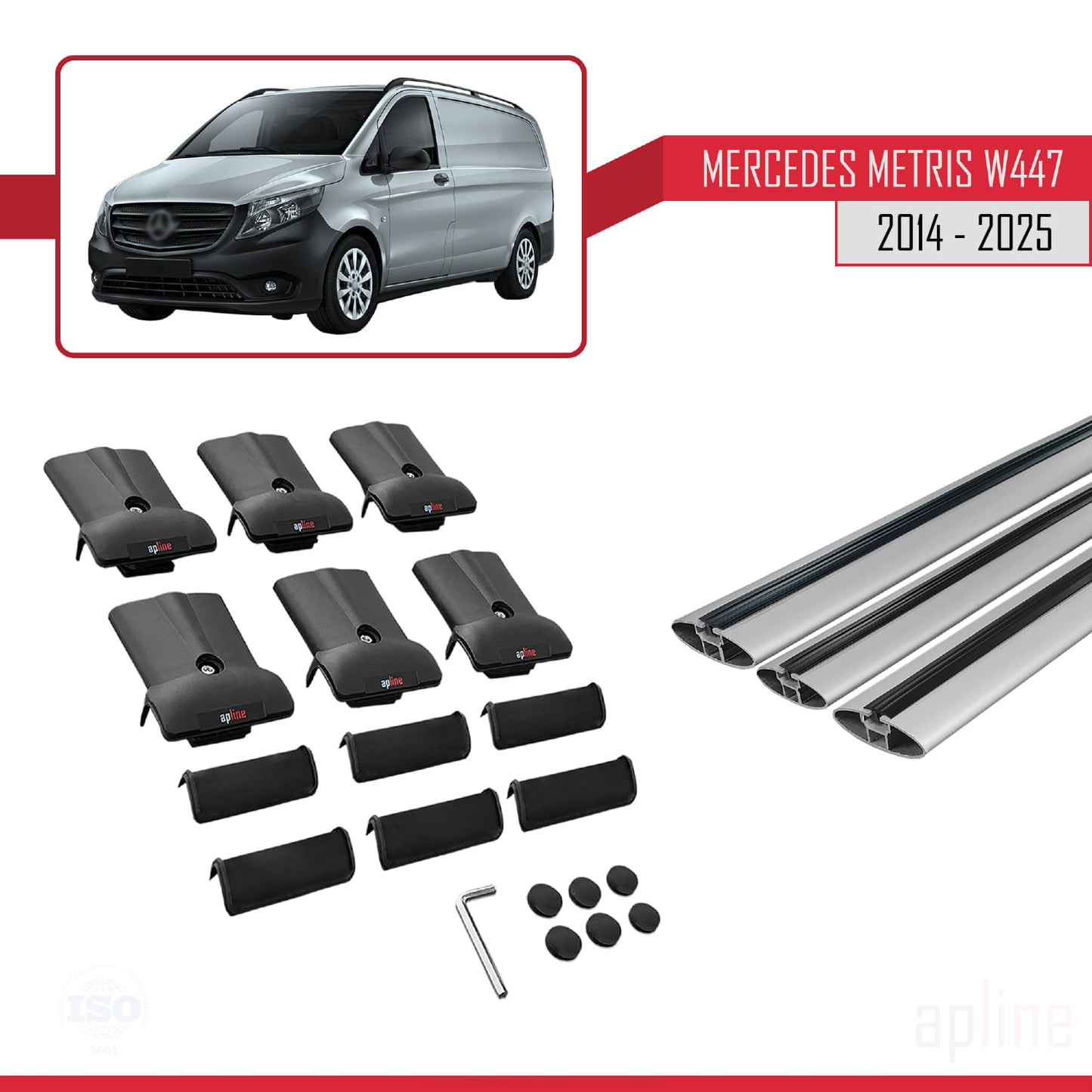 Compatible avec Mercedes Metris (W447) 2014-2025 FLY Model Barres de Toit Railing Porte-Bagages de Voiture Gris Aluminium 3 Barres