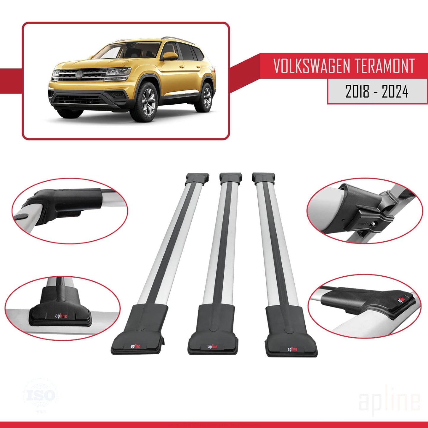 Compatible avec Volkswagen Teramont (CA1) 2018-2024 FLY Model Barres de Toit Railing Porte-Bagages de Voiture Gris Aluminium 3 Barres