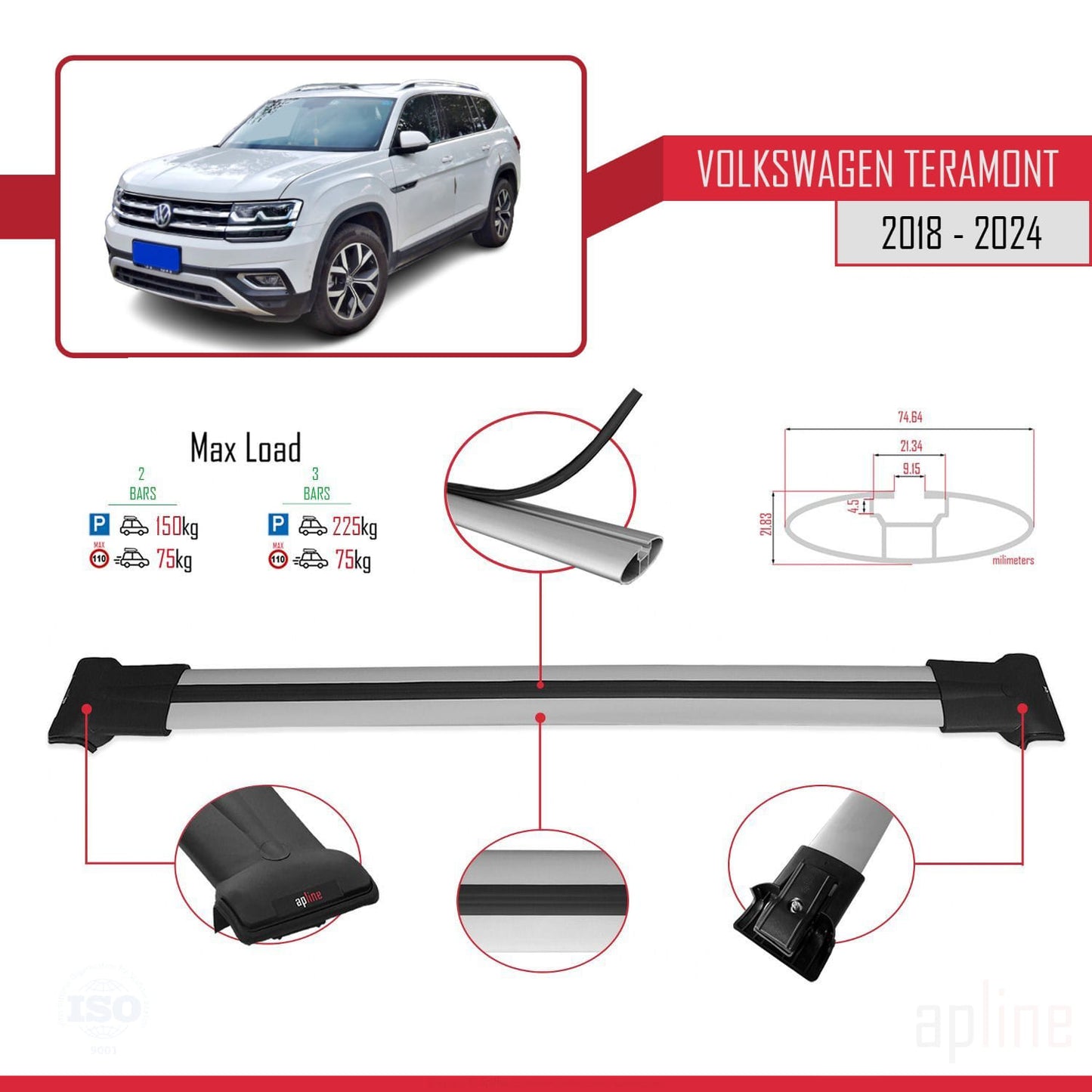 Compatible avec Volkswagen Teramont (CA1) 2018-2024 FLY Model Barres de Toit Railing Porte-Bagages de Voiture Gris Aluminium 2 Barres