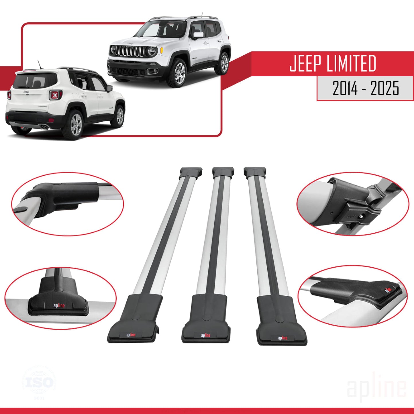 Compatible avec Jeep Limited 2014-2025 FLY Model Barres de Toit Railing Porte-Bagages de Voiture Gris Aluminium 3 Barres
