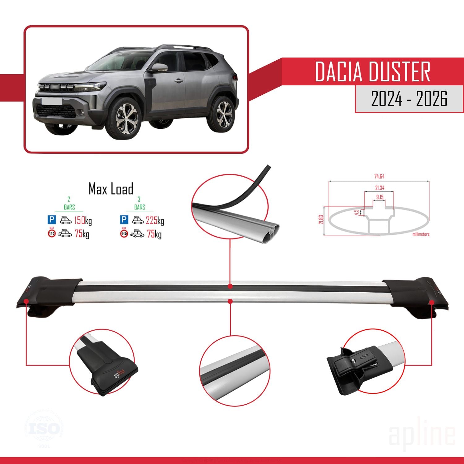 Compatible avec Dacia Duster 3 (P1310) 2024-2025 FLY Model Barres de Toit Railing Porte-Bagages de Voiture Gris Aluminium 2 Barres