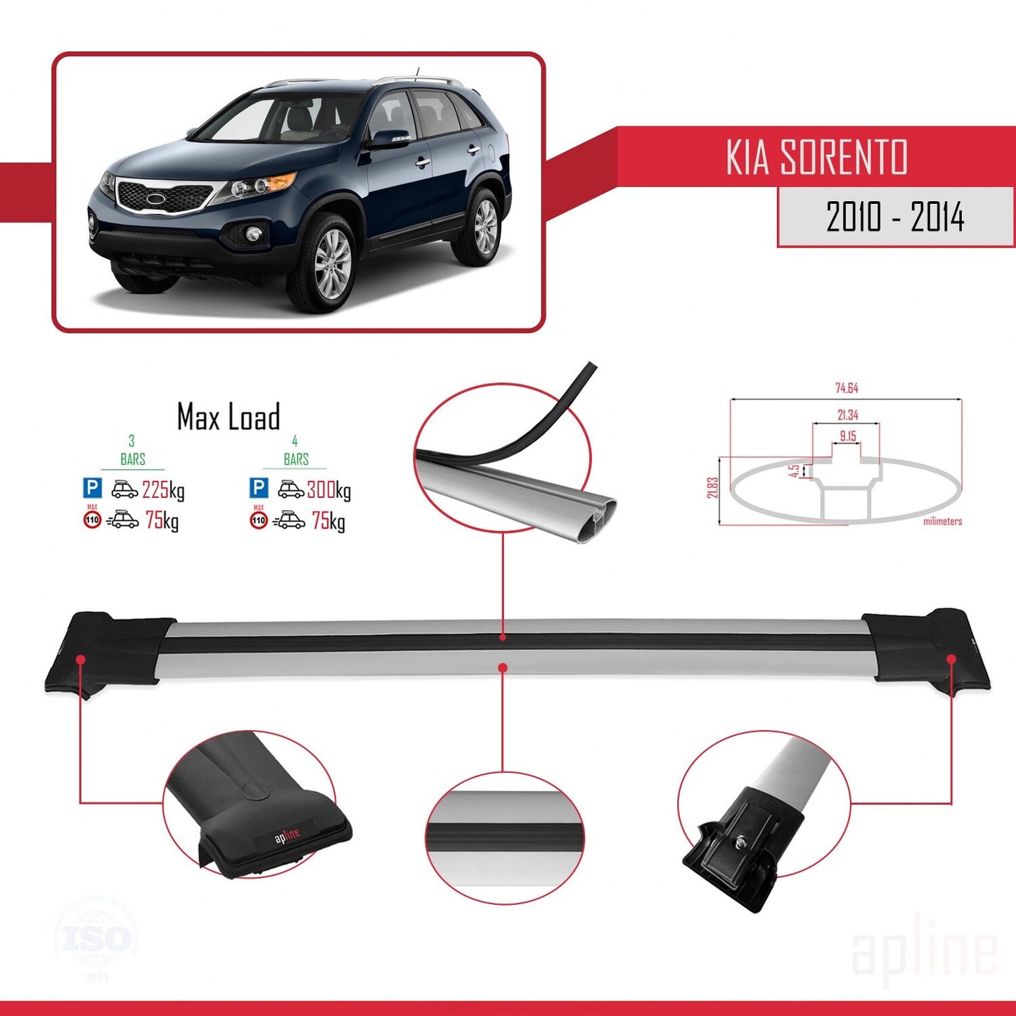 Compatible avec Kia Sorento 2 (XM) 2010-2014 FLY Model Barres de Toit Railing Porte-Bagages de Voiture Gris Aluminium 3 Barres
