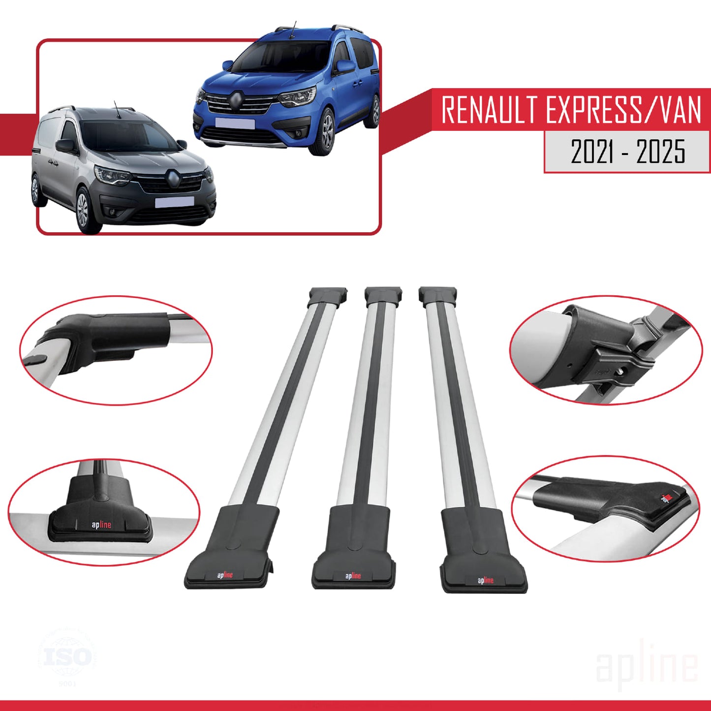 Compatible avec Renault Express 2021-2025 FLY Model Barres de Toit Railing Porte-Bagages de Voiture Gris Aluminium 3 Barres