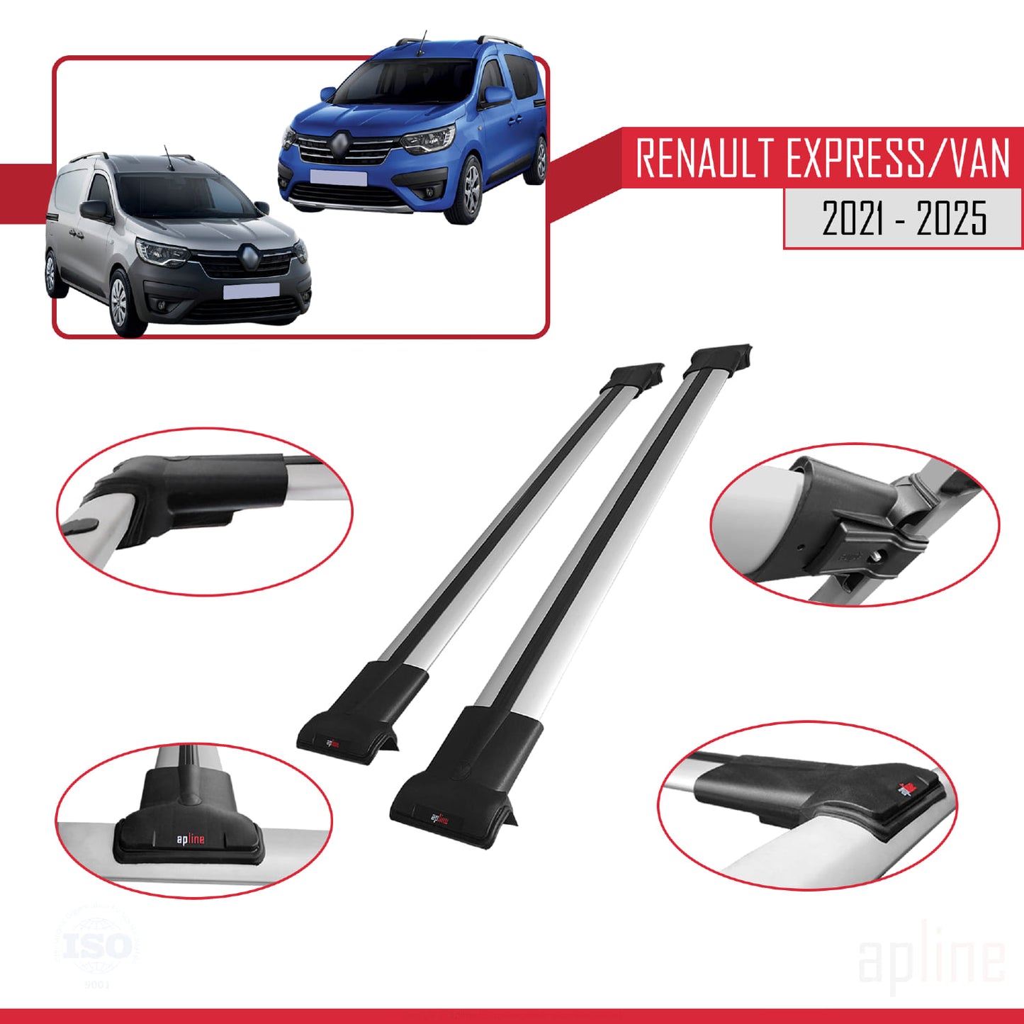 Compatible with Renault Express 2021-2025 FLY Model Car Roof Rack Cross Bar Grey Aluminium 2 Bars