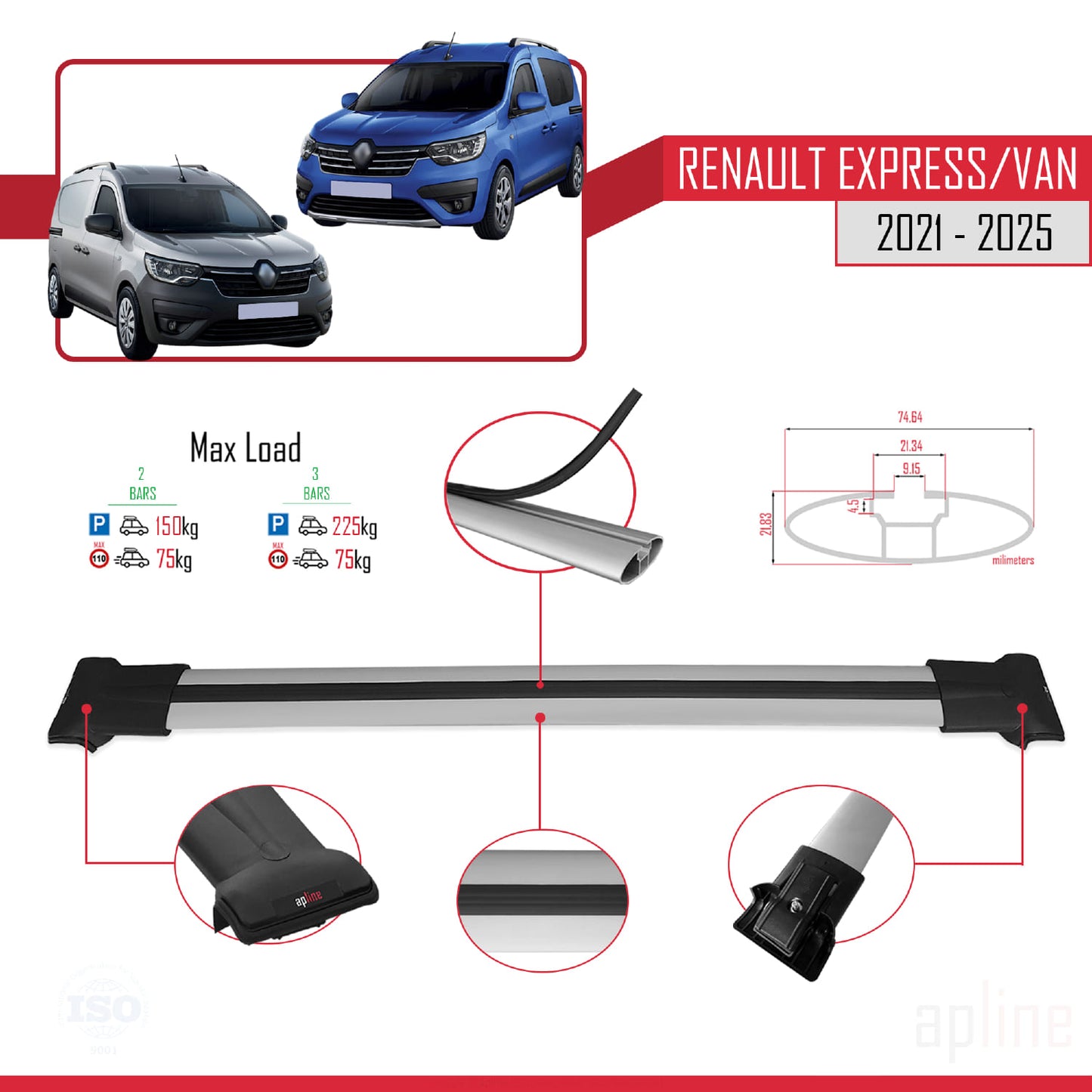 Compatible with Renault Express 2021-2025 FLY Model Car Roof Rack Cross Bar Grey Aluminium 2 Bars