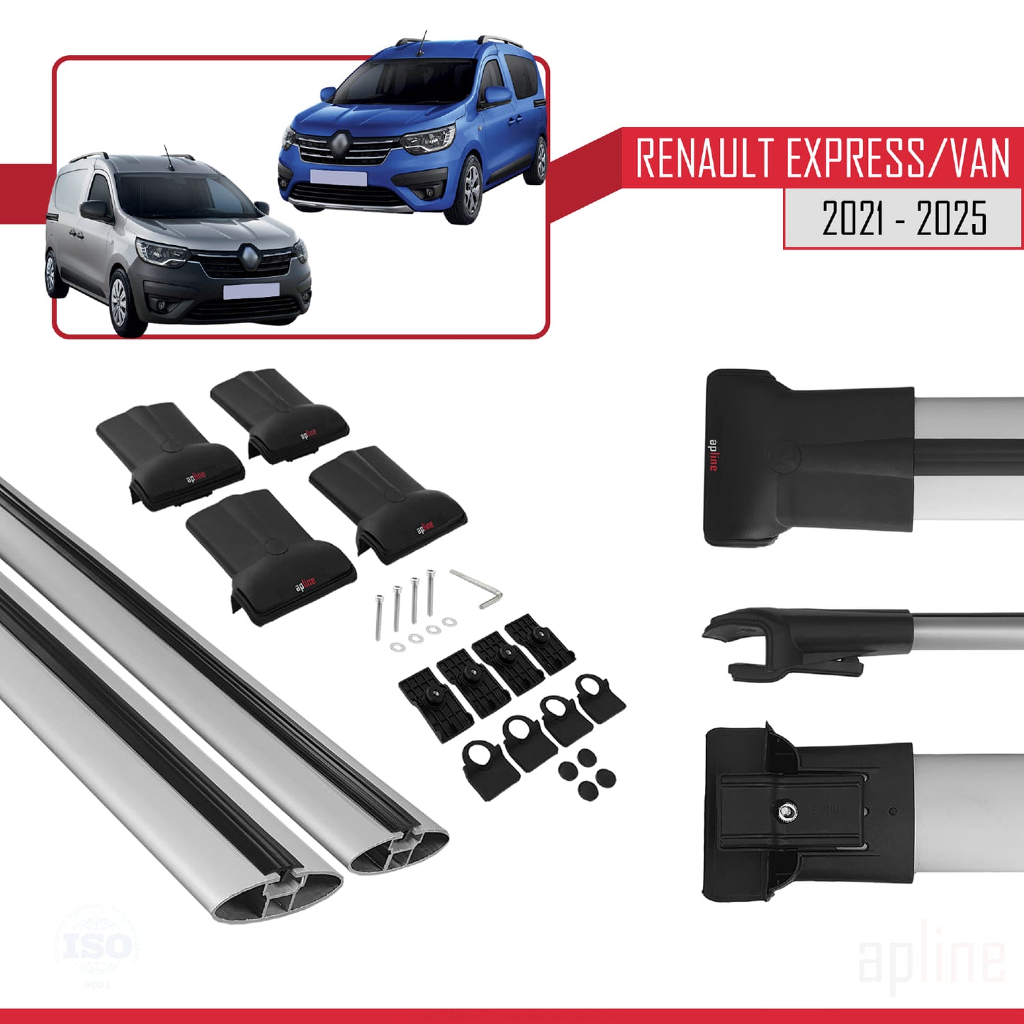 Compatible with Renault Express 2021-2025 FLY Model Car Roof Rack Cross Bar Grey Aluminium 2 Bars