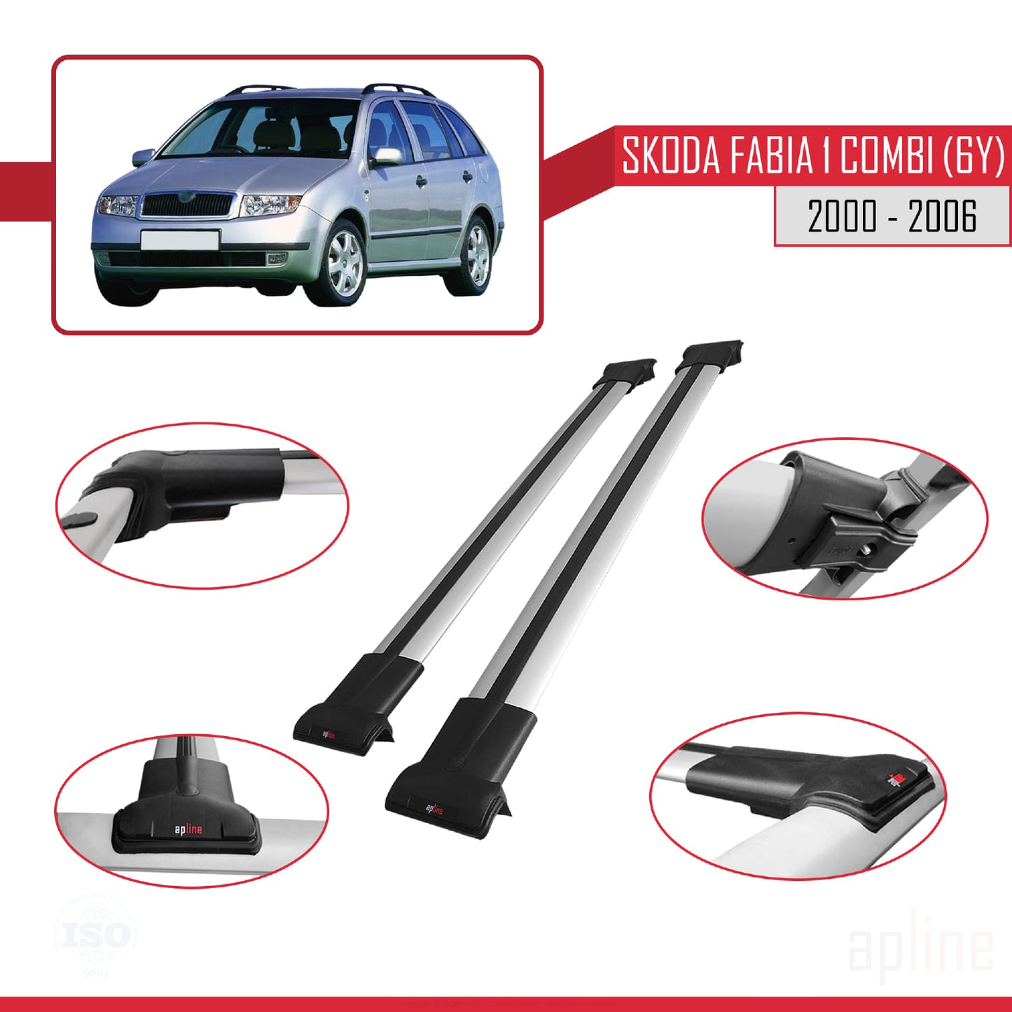 Compatible with Skoda Fabia (6Y) SW 2000-2006 FLY Model Car Roof Rack Cross Bar Grey Aluminium 2 Bars