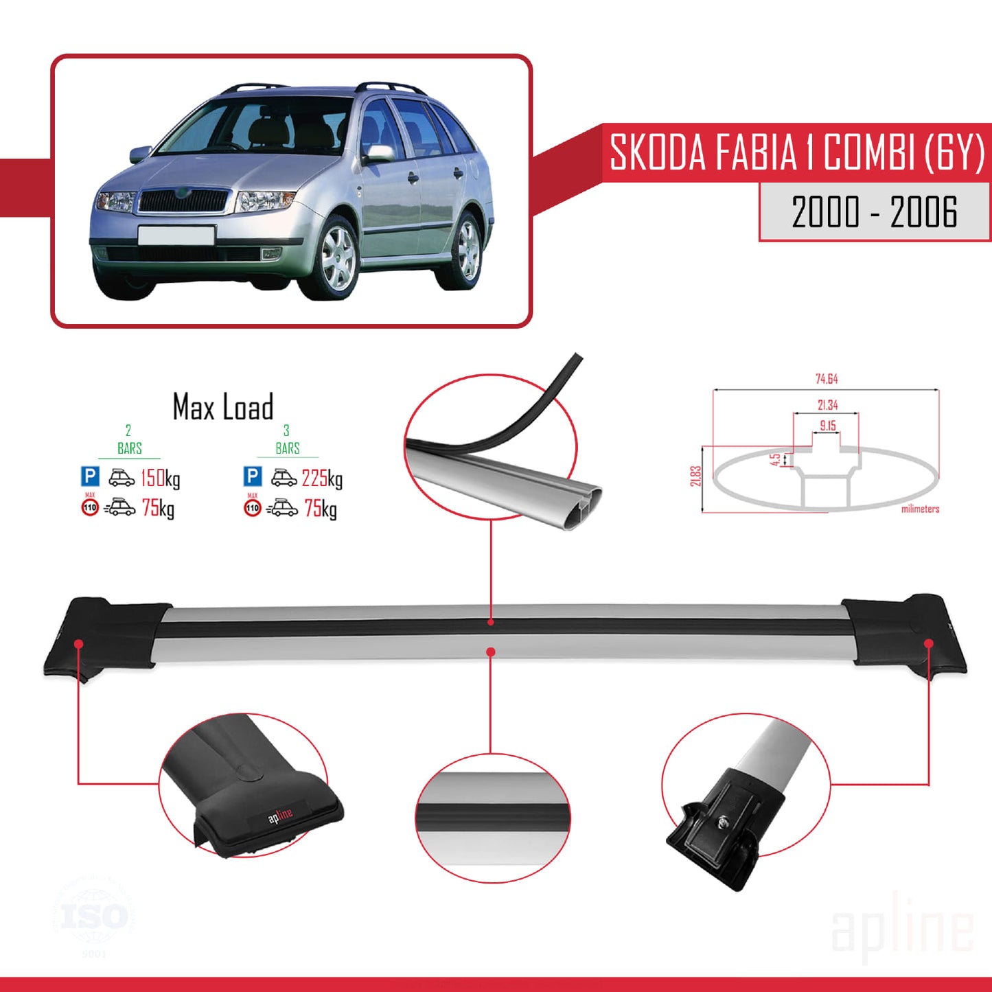 Compatible with Skoda Fabia (6Y) SW 2000-2006 FLY Model Car Roof Rack Cross Bar Grey Aluminium 2 Bars