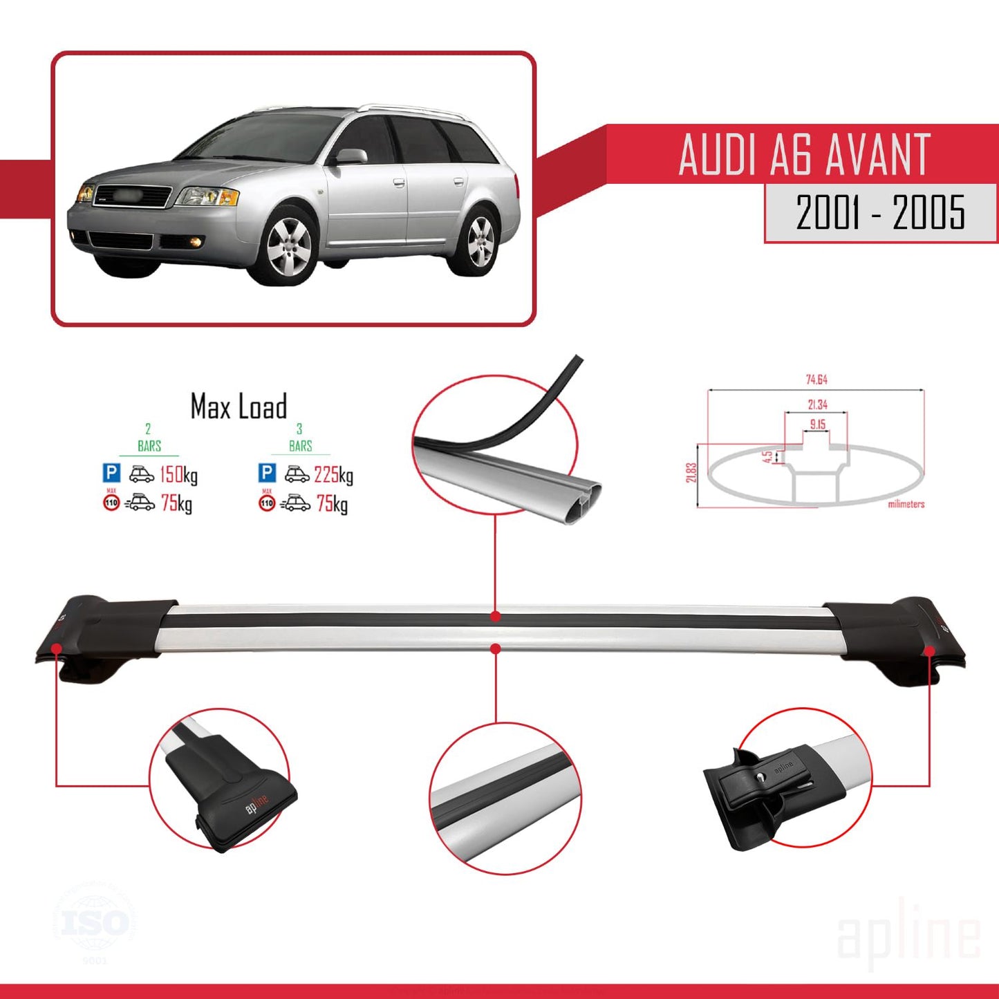 Compatible avec Audi A6 Avant 2001-2005 FLY Model Barres de Toit Railing Porte-Bagages de Voiture Gris Aluminium 3 Barres