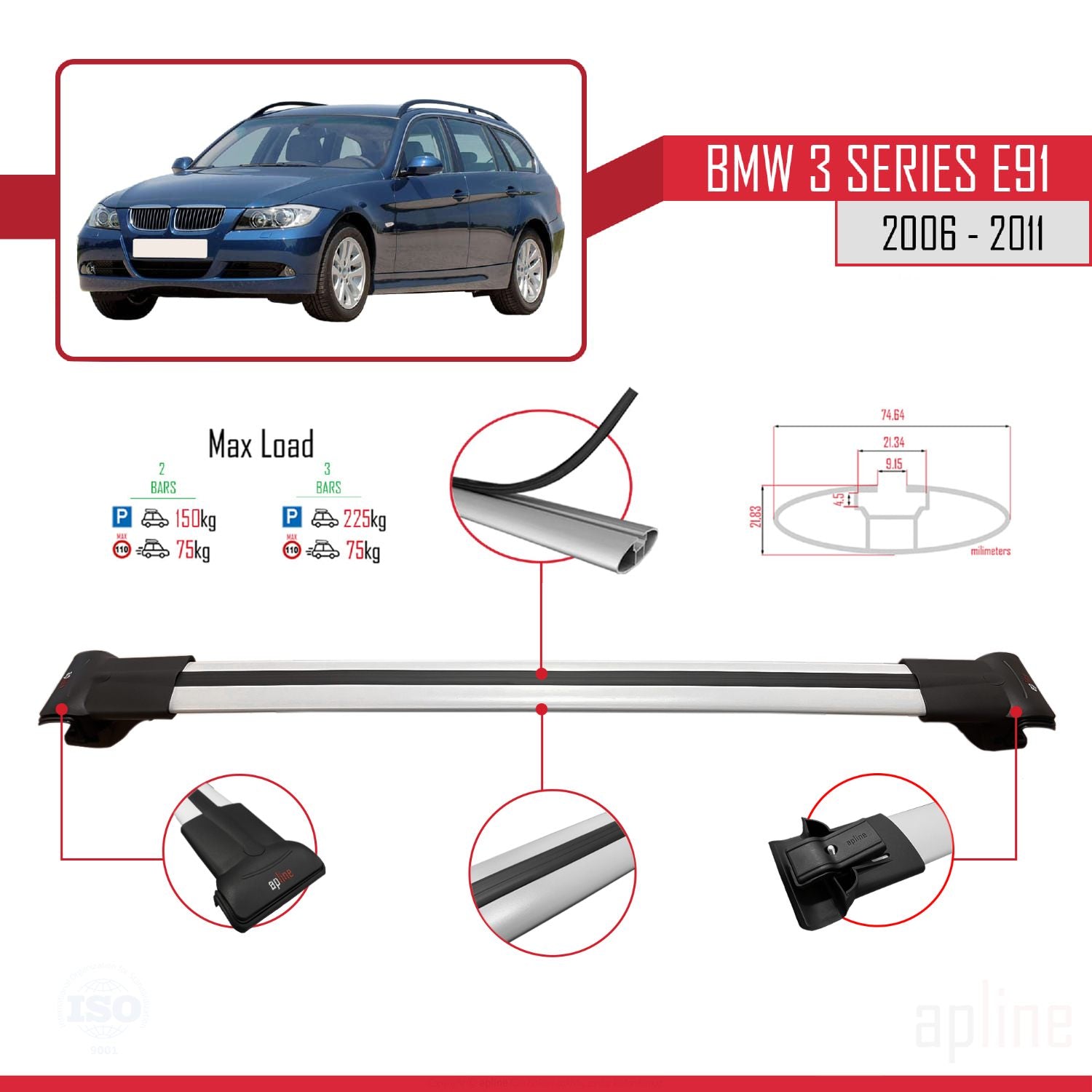 Compatible avec BMW 3 Series E91 Touring 2006-2011 FLY Model Barres de Toit Railing Porte-Bagages de Voiture Gris Aluminium 2 Barres