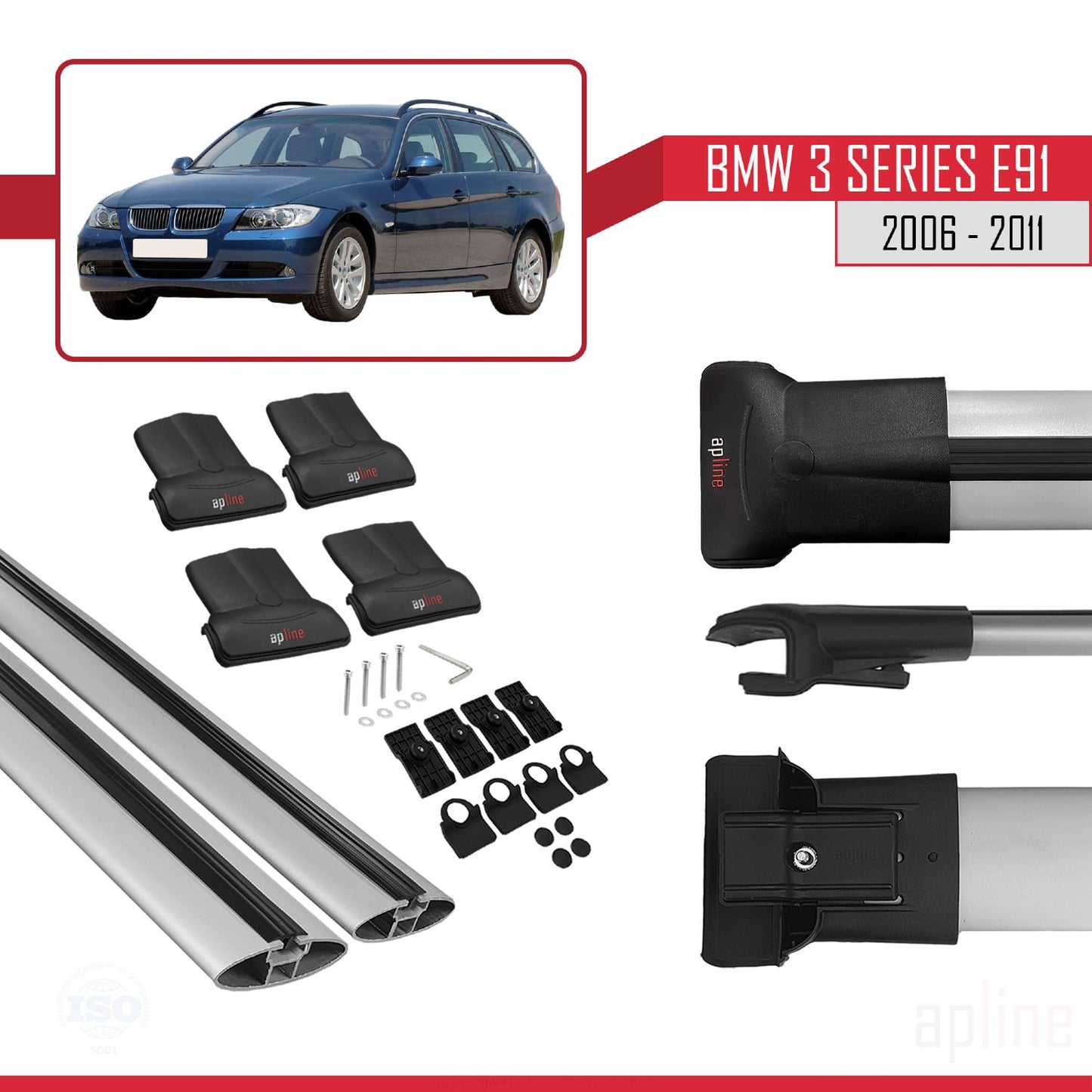 Compatible avec BMW 3 Series E91 Touring 2006-2011 FLY Model Barres de Toit Railing Porte-Bagages de Voiture Gris Aluminium 2 Barres