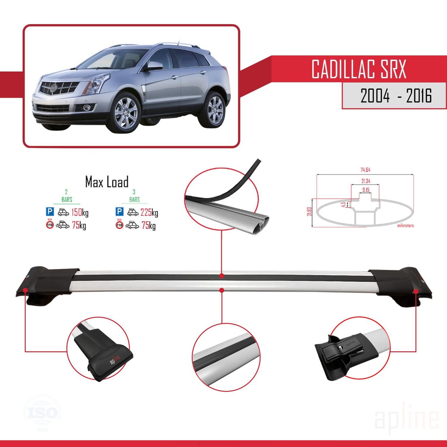 Compatible avec Cadillac SRX 2004-2016 FLY Model Barres de Toit Railing Porte-Bagages de Voiture Gris Aluminium 2 Barres